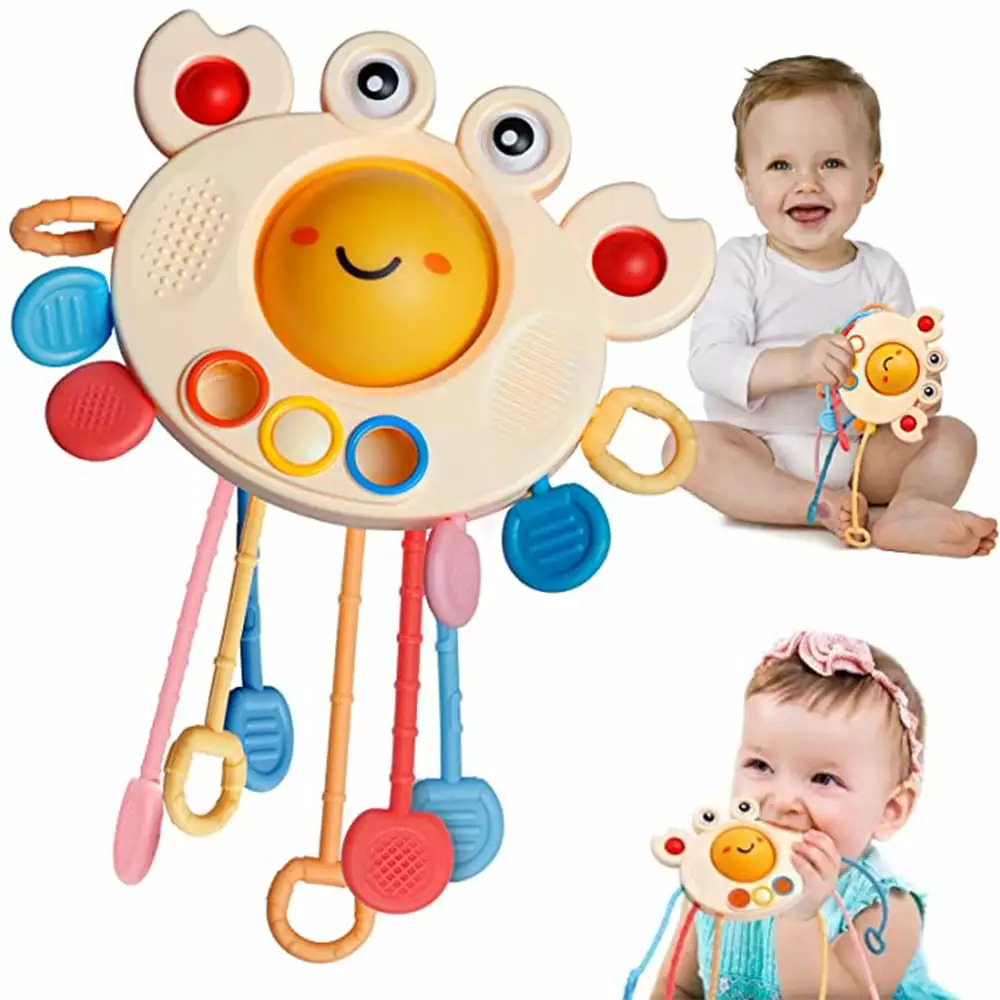 Baby Sensory Toys Silicone Pull String Activity Toy. Crab Shape Montessori Toys For Fine Motor Skills.Travel Toys for Babies.Infants Toddlers 18 Months+