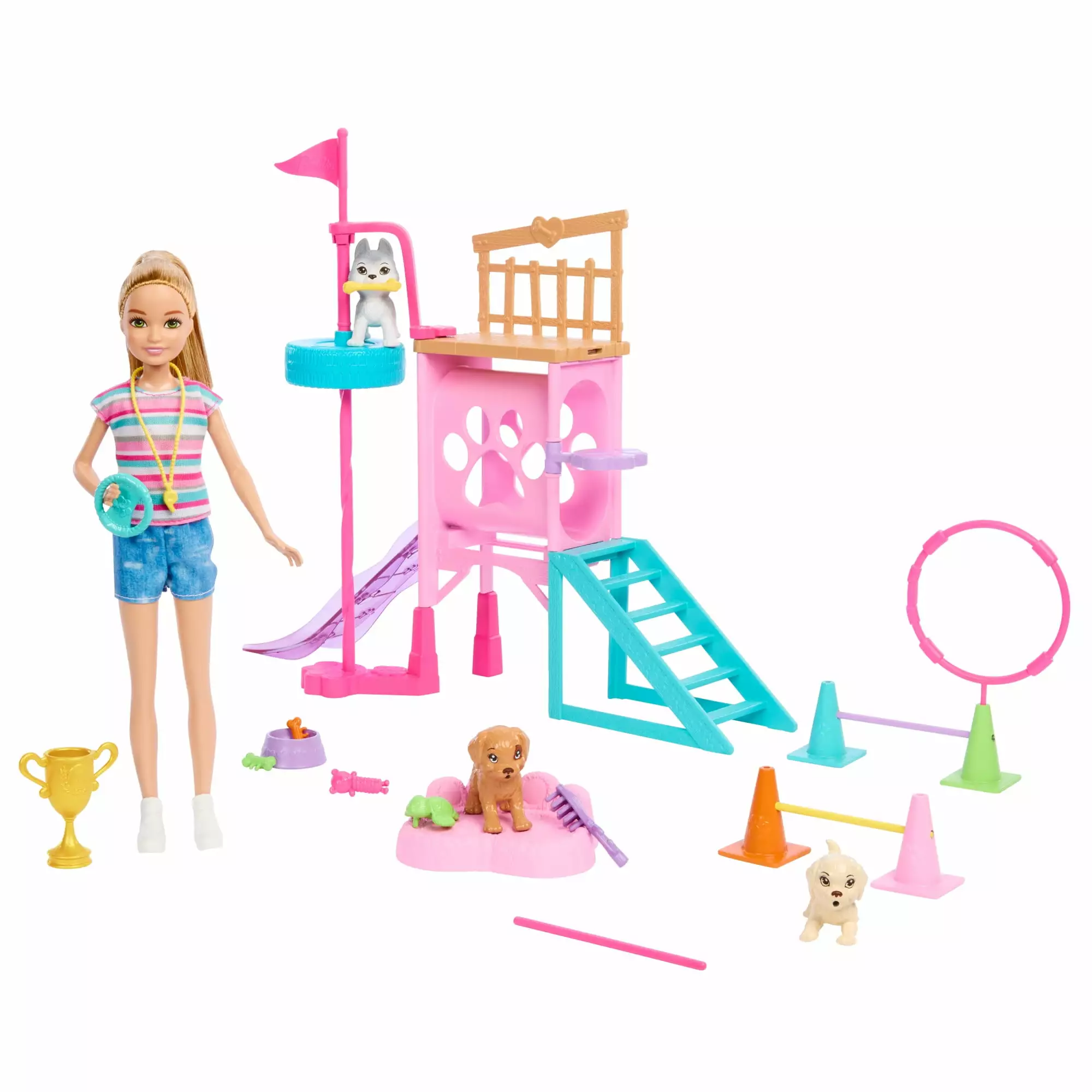 Barbie And Stacie to The Rescue Puppy Playground Playset with Doll. 3 Pet Dog Figures. Multicolor