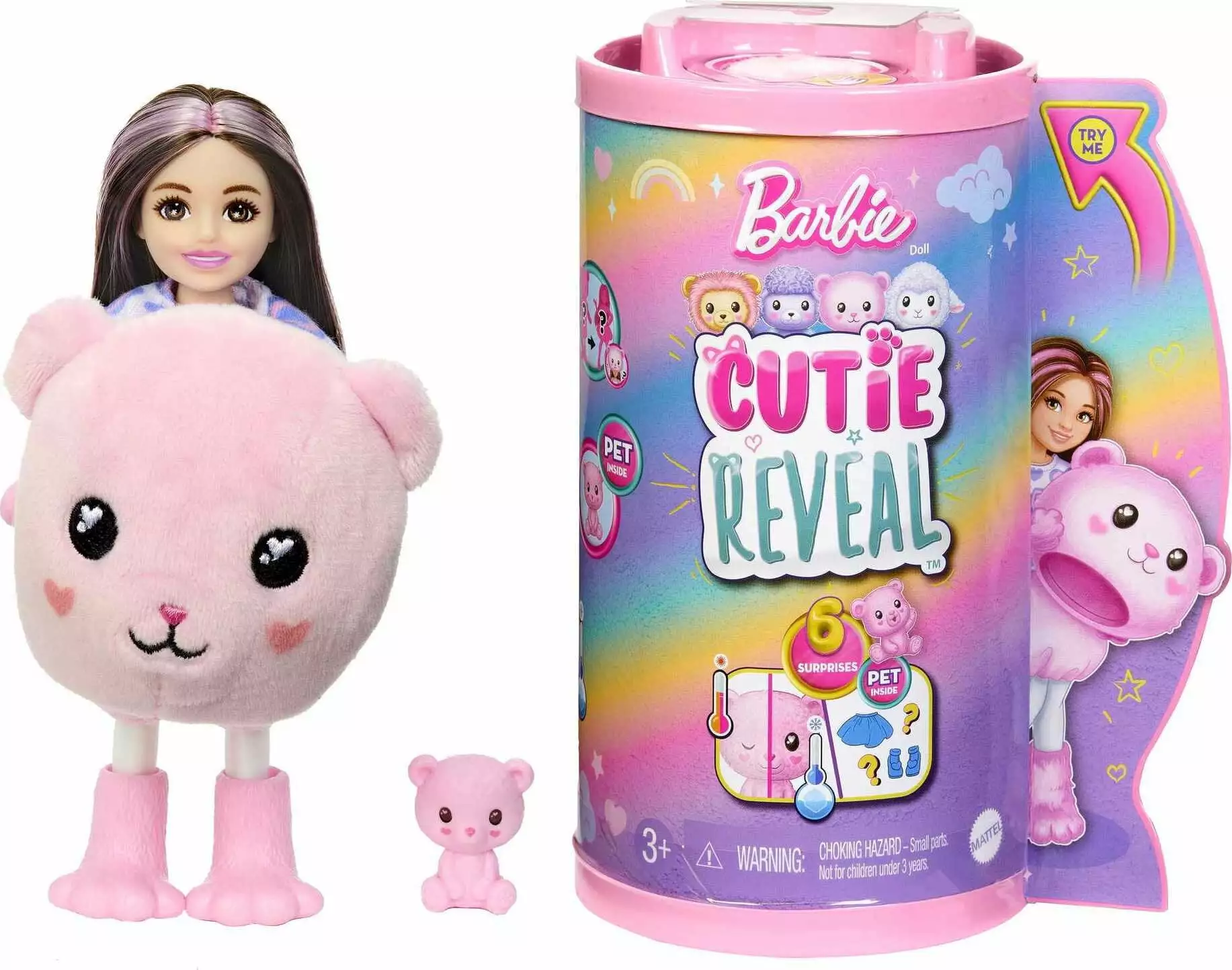 Barbie Cutie Reveal Cozy Cute Tees Series Chelsea Doll & Accessories. Plush Teddy Bear. Brunette Small Doll