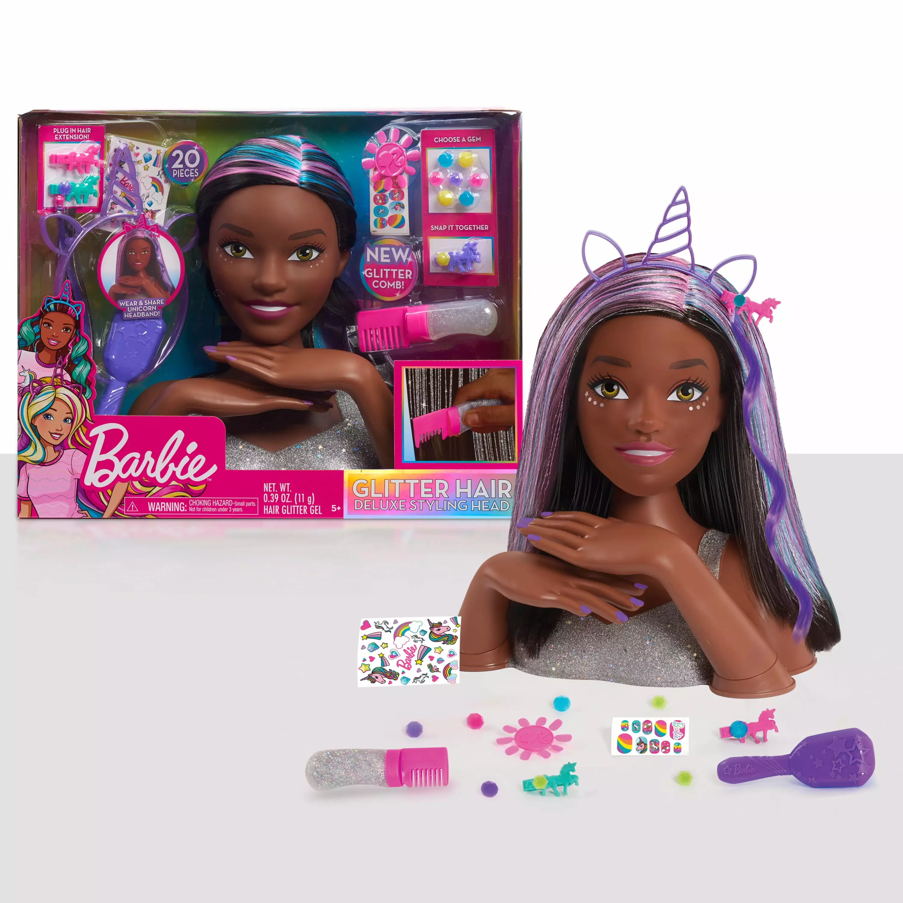 Barbie Deluxe 20-Piece Glitter and Go Styling Head. Black Hair. Kids Toys for Ages 5 Up. Gifts and Presents