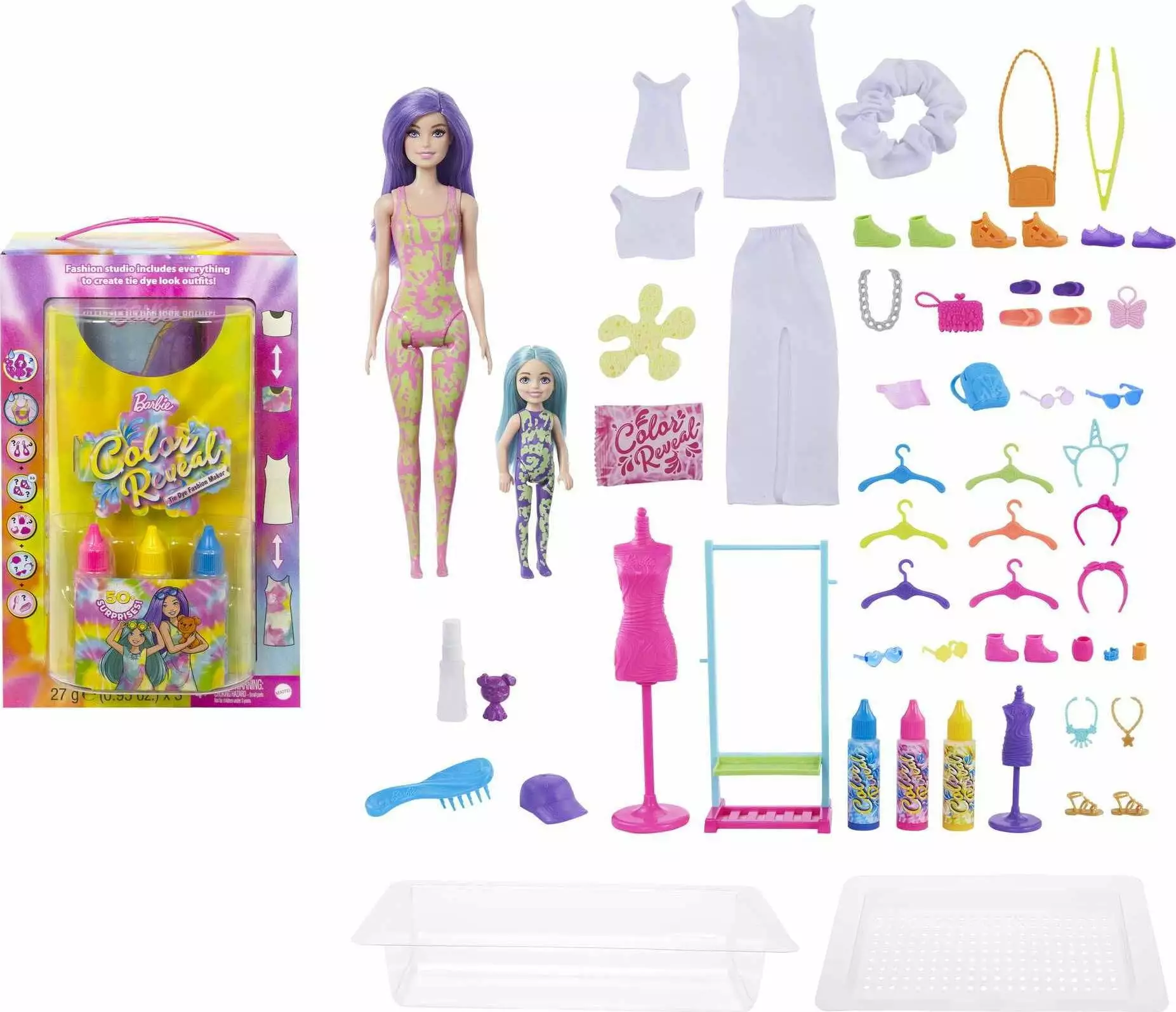 Barbie Doll Color Reveal Gift Set. Tie-Dye Fashion Maker with 2 Barbie Dolls