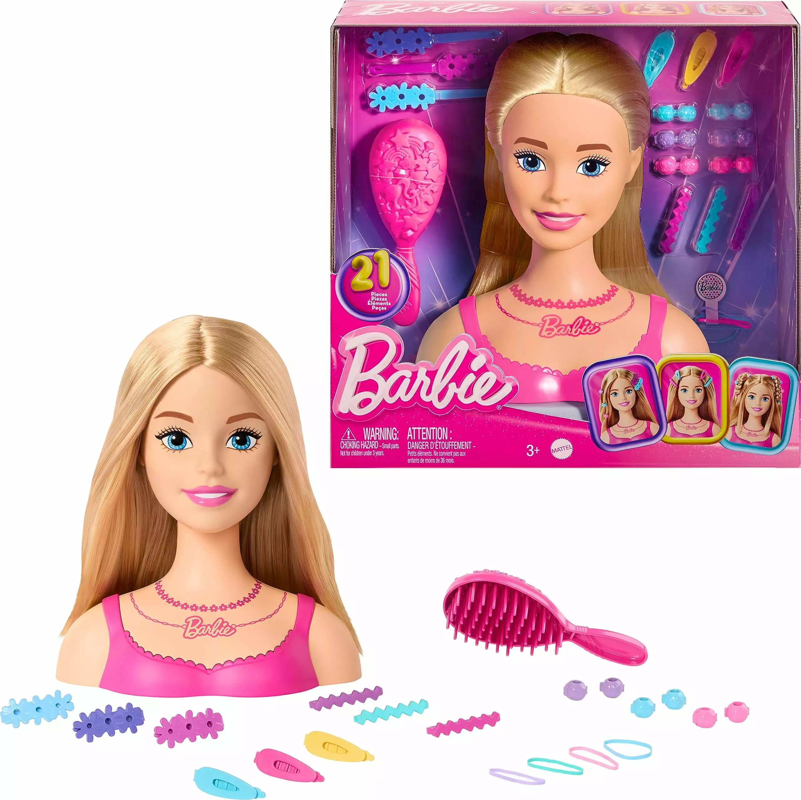 Barbie Doll Styling Head. Blond Hair with 20 Colorful Accessories. Doll Head for Hair Styling