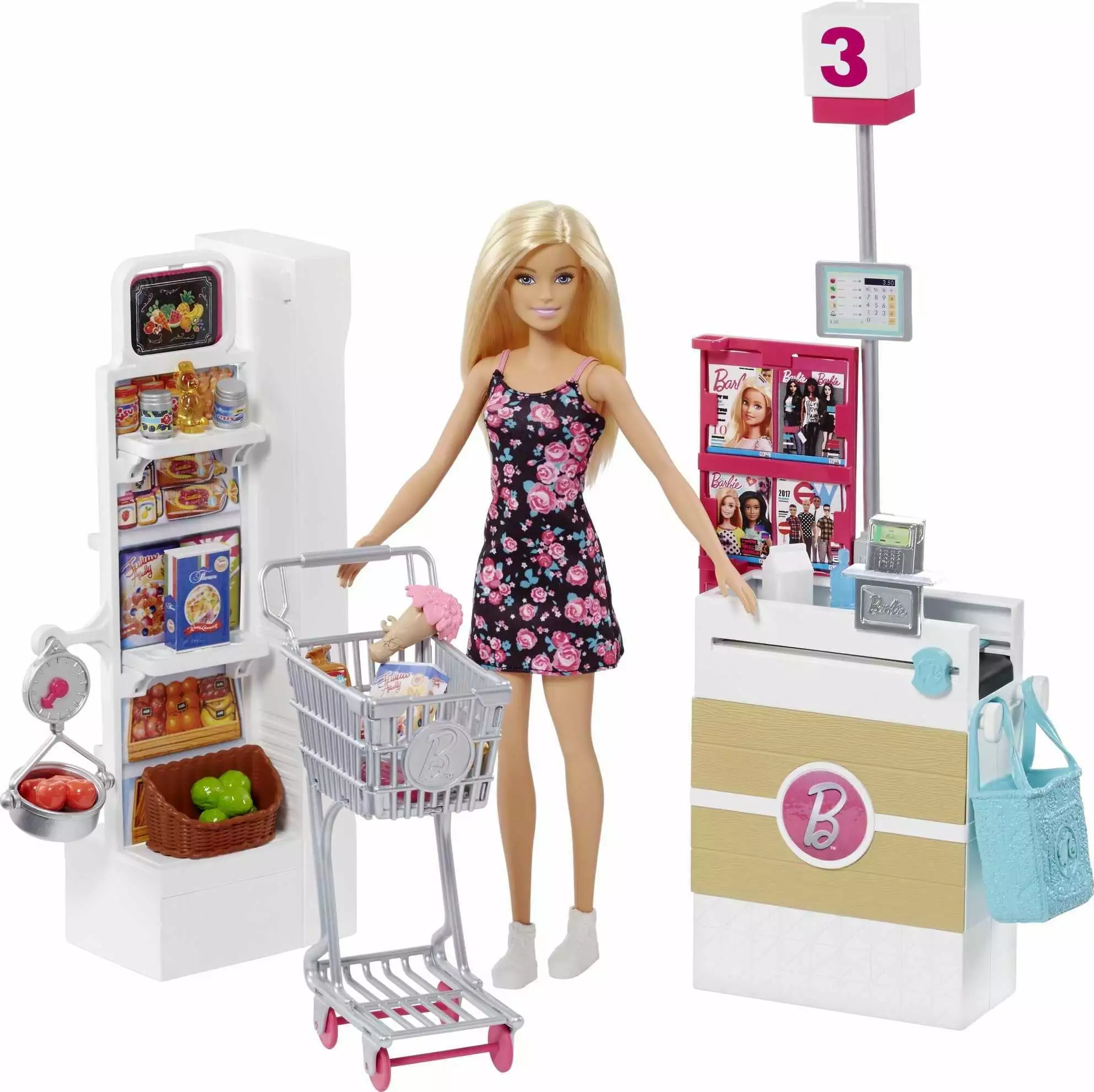 Barbie Doll and Supermarket Playset with 25 Grocery Store and Food-Themed Accessories