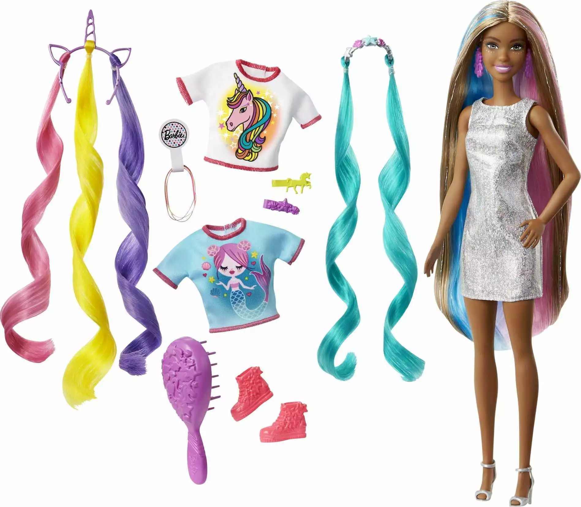 Barbie Fantasy Hair Fashion Doll with Colorful Brunette Hair. Accessories and Clothes