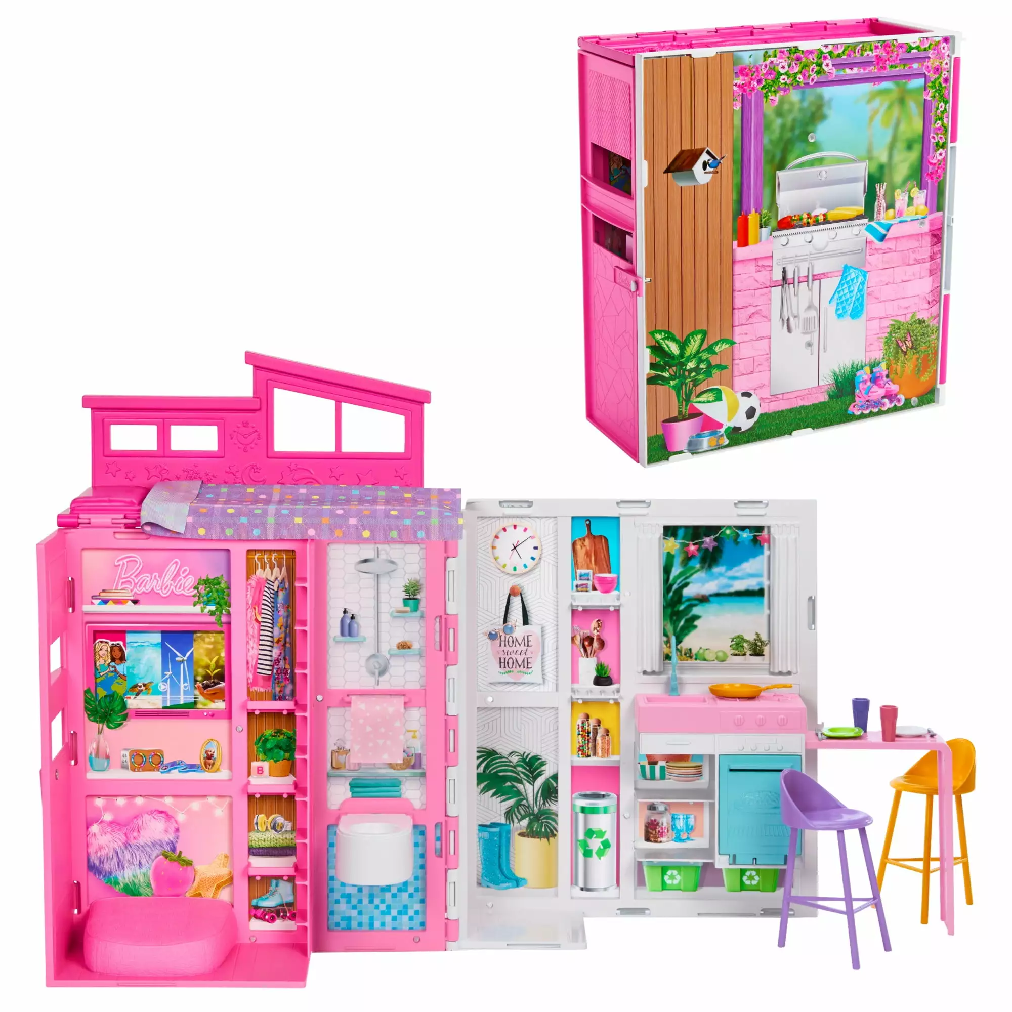 Barbie Getaway House. Doll House Playset with 4 Play Areas. 26.06 in. Plastic