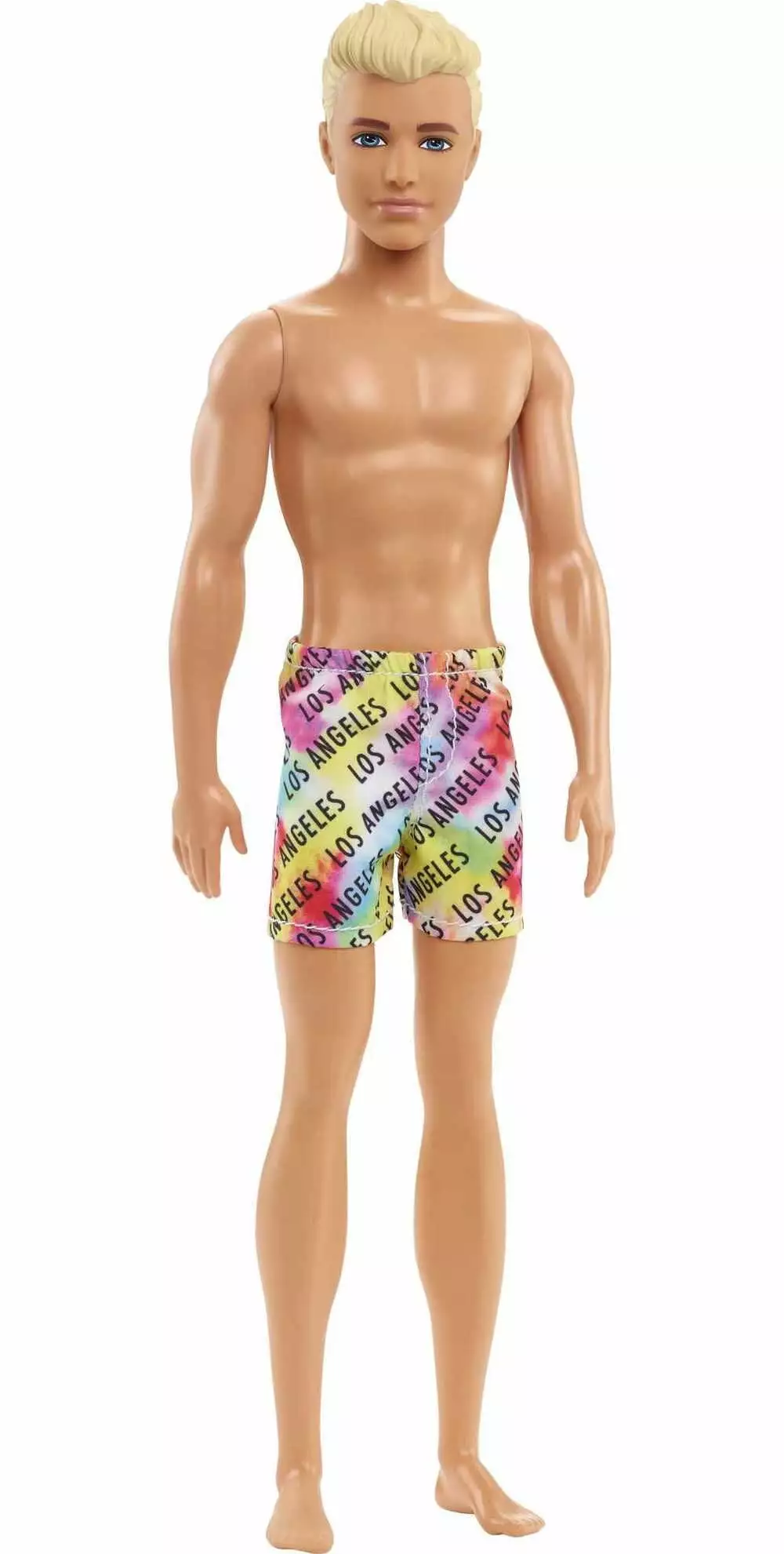 Barbie Ken Beach Doll with Blonde Hair Dressed in Colorful Los Angeles-Print Swim Trunks