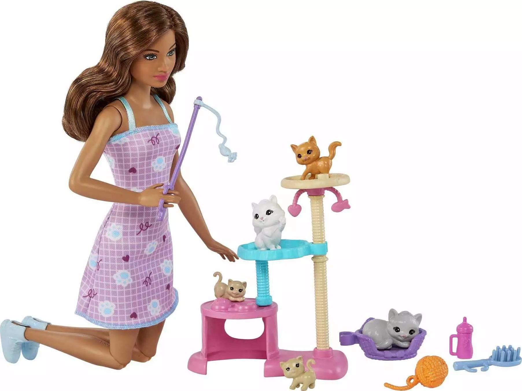 Barbie Kitty Condo Playset with Brunette Fashion Doll. 4 Kittens. Cat Tree & Accessories