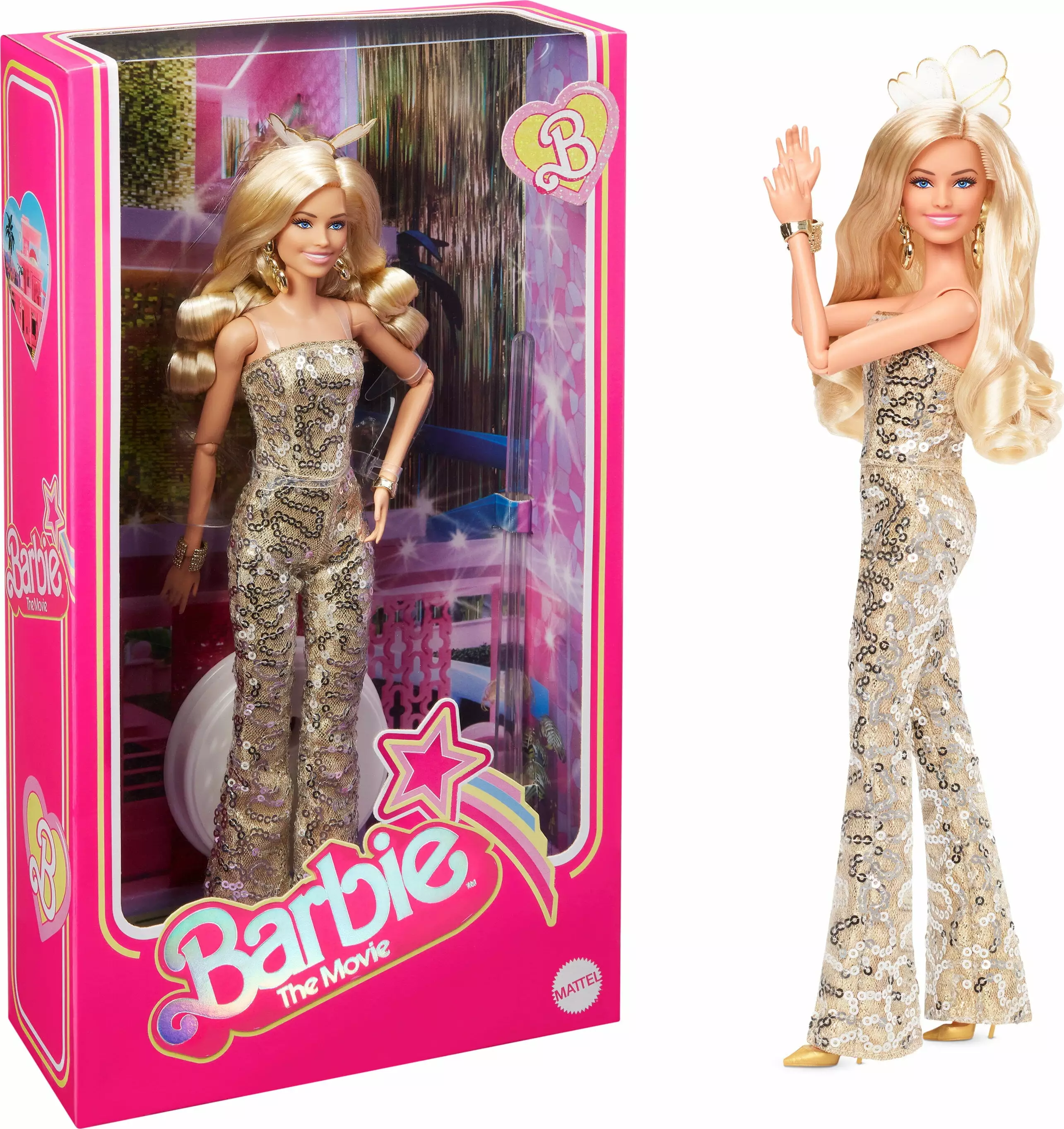 Barbie The Movie Collectible Doll. Margot Robbie as Barbie in Gold Disco Jumpsuit