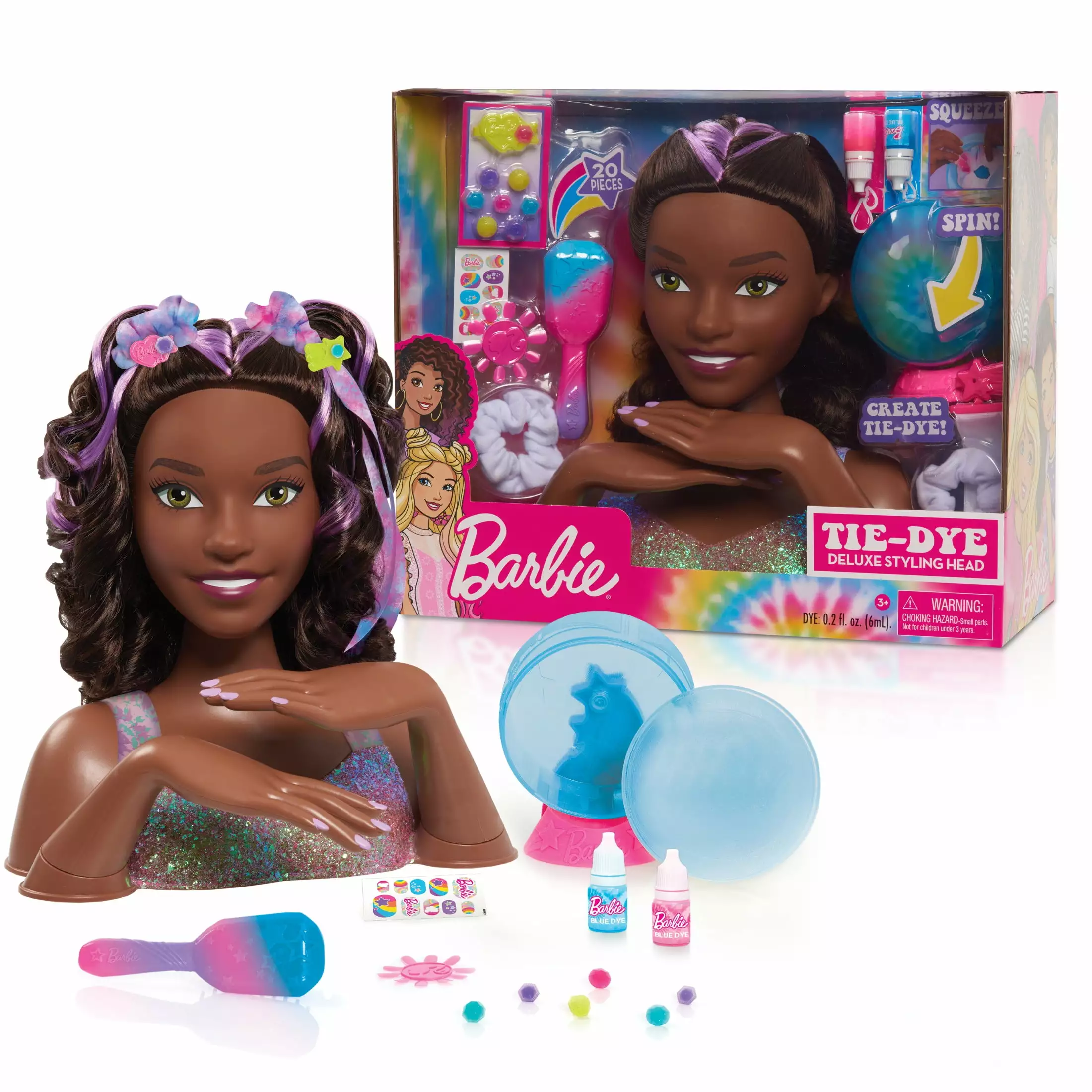 Barbie Tie-Dye Deluxe 21-Piece Styling Head. Black Hair. Includes 2 Non-Toxic Dye Colors. Kids Toys for Ages 3 up