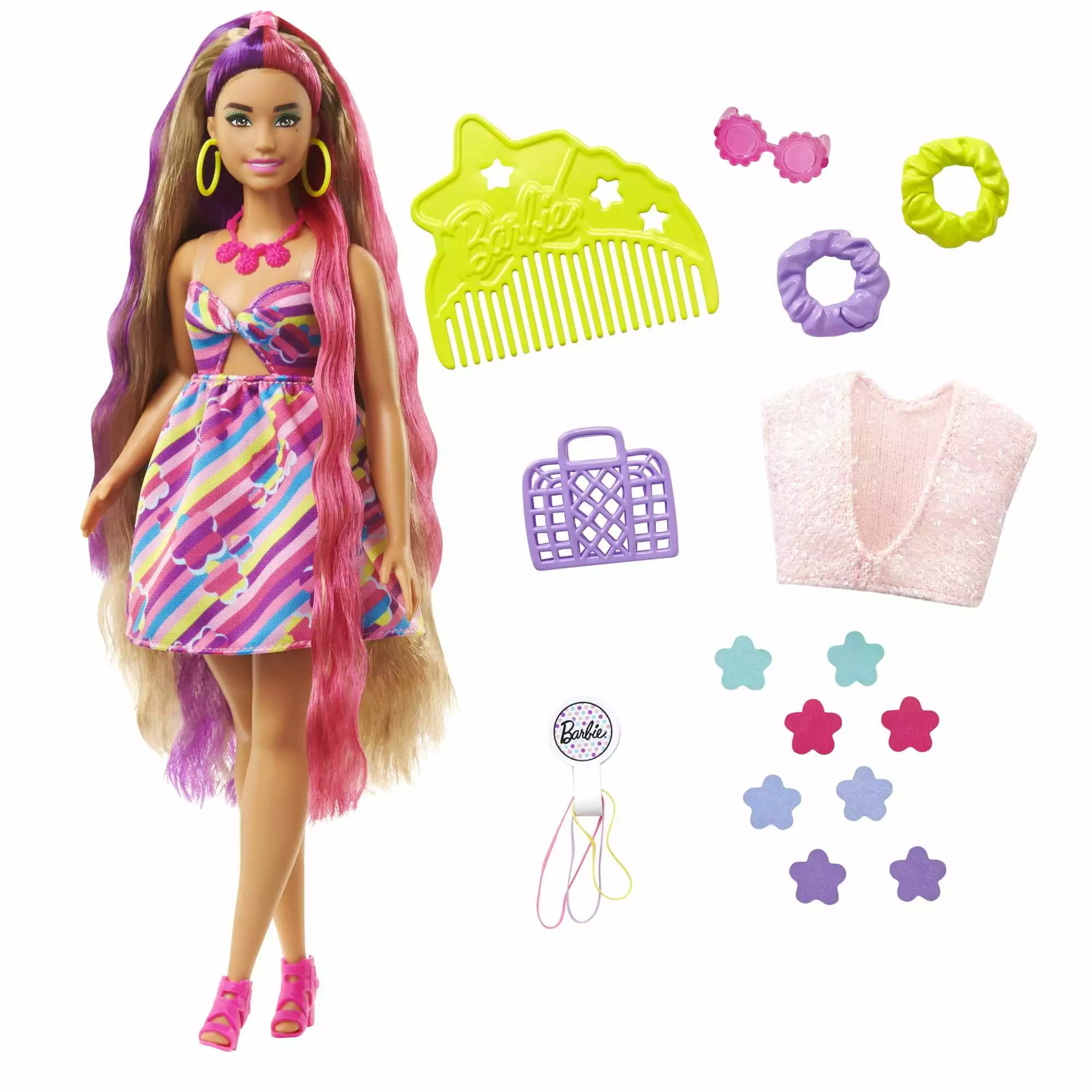 Barbie Totally Hair Flower-Themed Doll. Curvy. 8.5 inch Fantasy Hair. Dress. 15 Accessories. 3 & Up