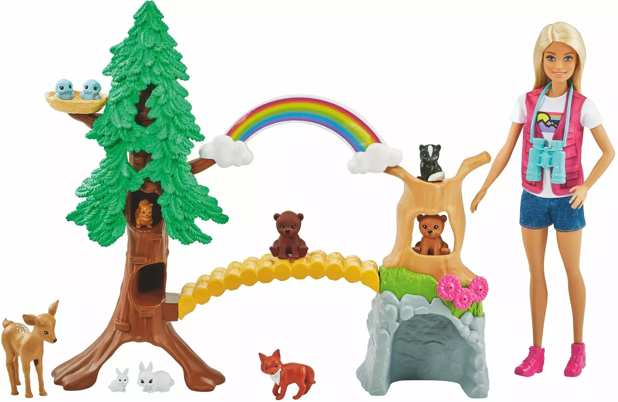 Barbie Wilderness Guide Doll & Playset. Blonde Doll with 10 Animal Figures. Tree. Rainbow & More