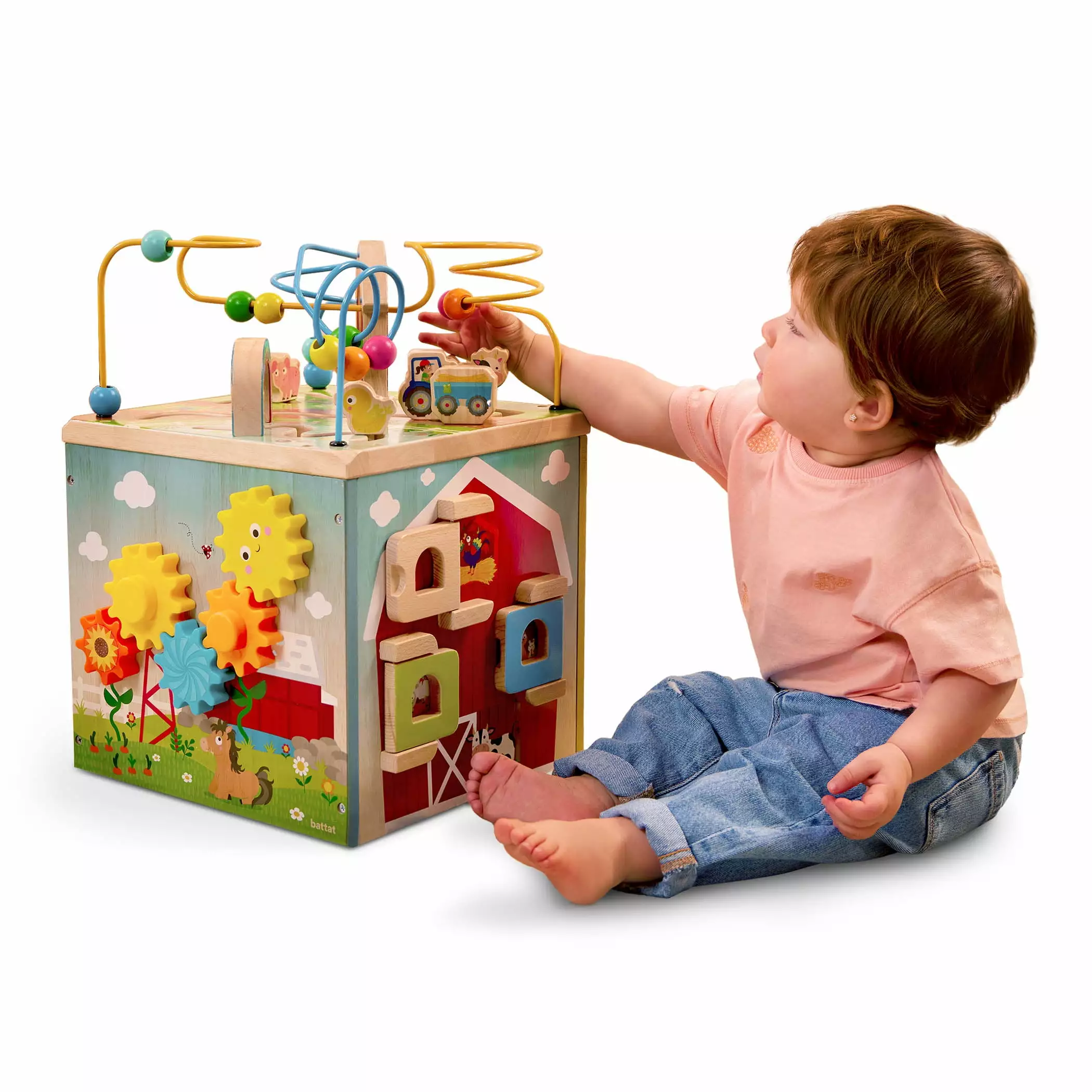 Battat Barnyard Activity Cube with 5 Sides and Bead Maze Wooden. Baby and Toddler Toys