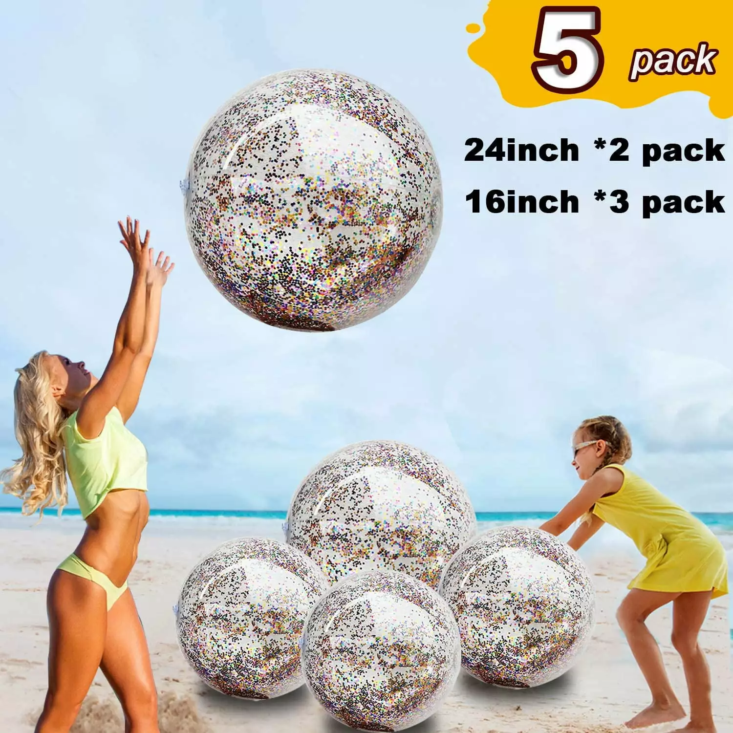 Beach Ball with Confetti Glitters. 5 pcs Inflatable Beach Ball Confetti