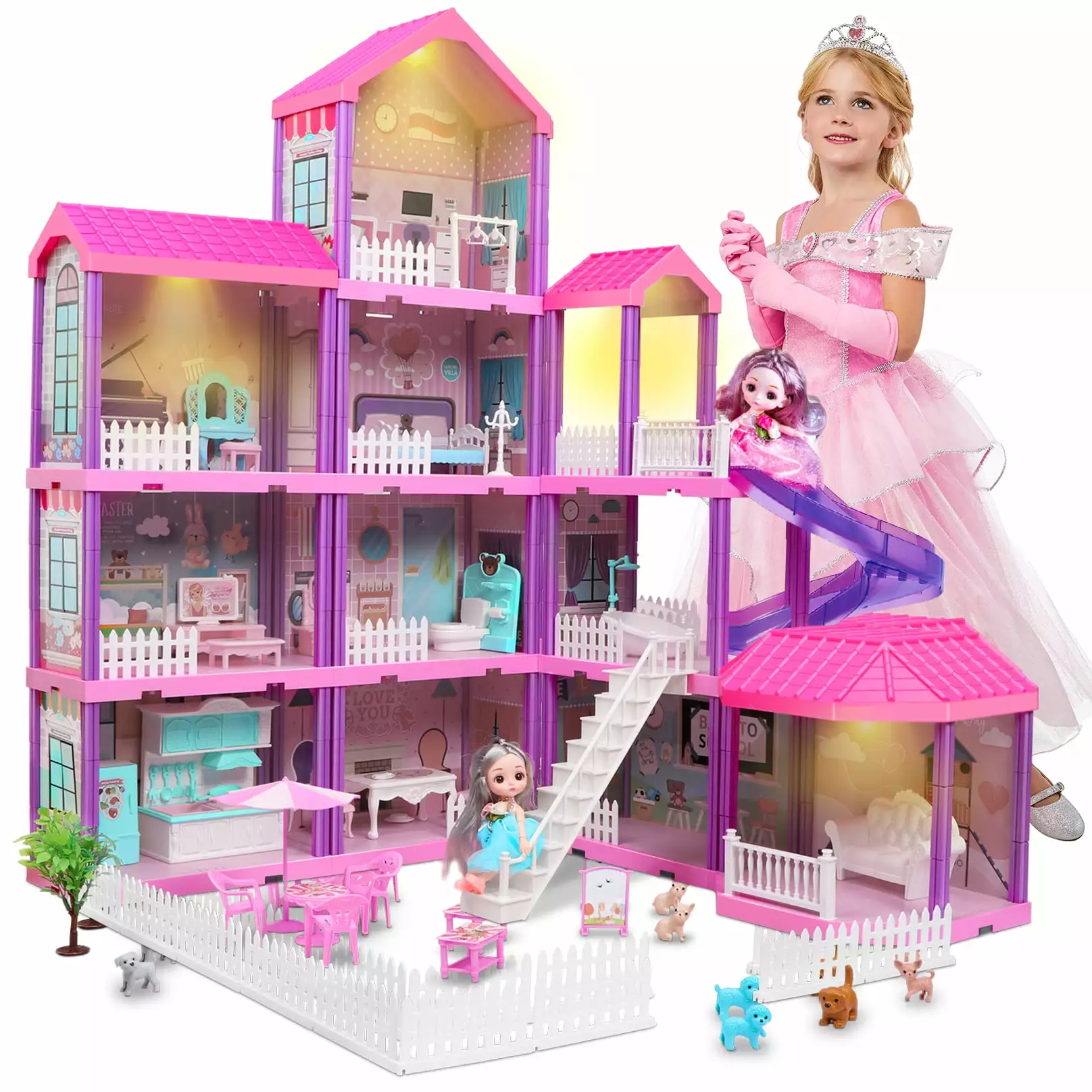 Beefunni Dollhouse. with Slide. Dolls and 11 Rooms. Creative Dollhouse Toys for Girls. Christmas Birthday Gifts for Girls 3 to 6 Year Old