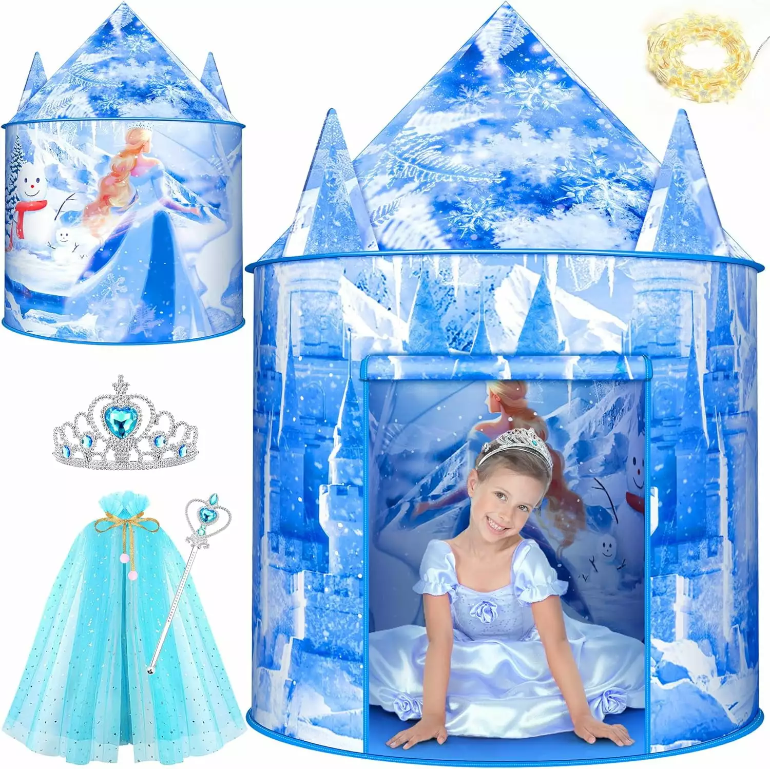 Beefunni Princess Kids Tent. Frozen Playhouse for Girls with Snowflake Lights. Pop Up Ice Castle Kids Play Tent Indoor/Outdoor Toys. Girls Christmas Gifts Party Birthday Frozen Tent for Kids 3 6 8+