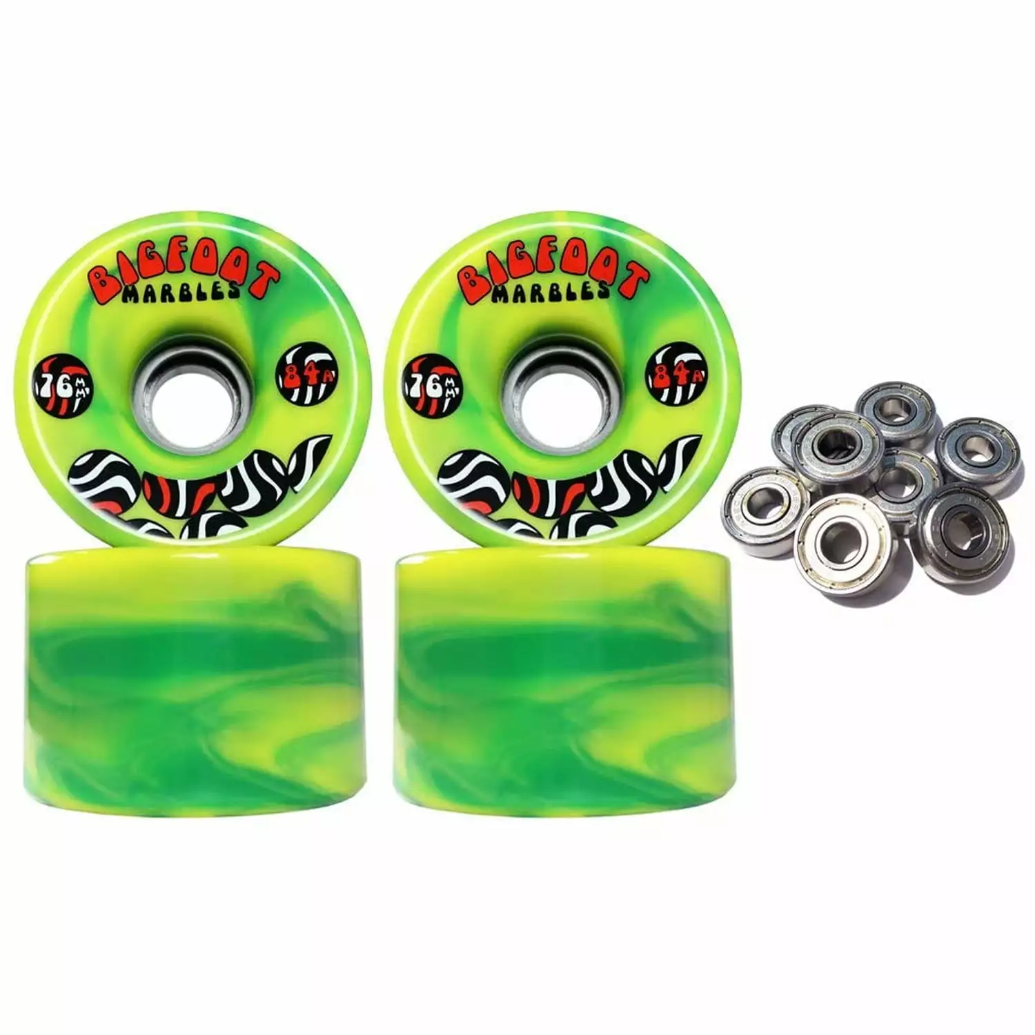 Bigfoot Swirl Longboard Wheels 76mm Yellow/Green 84a + Abec 9 Bearings