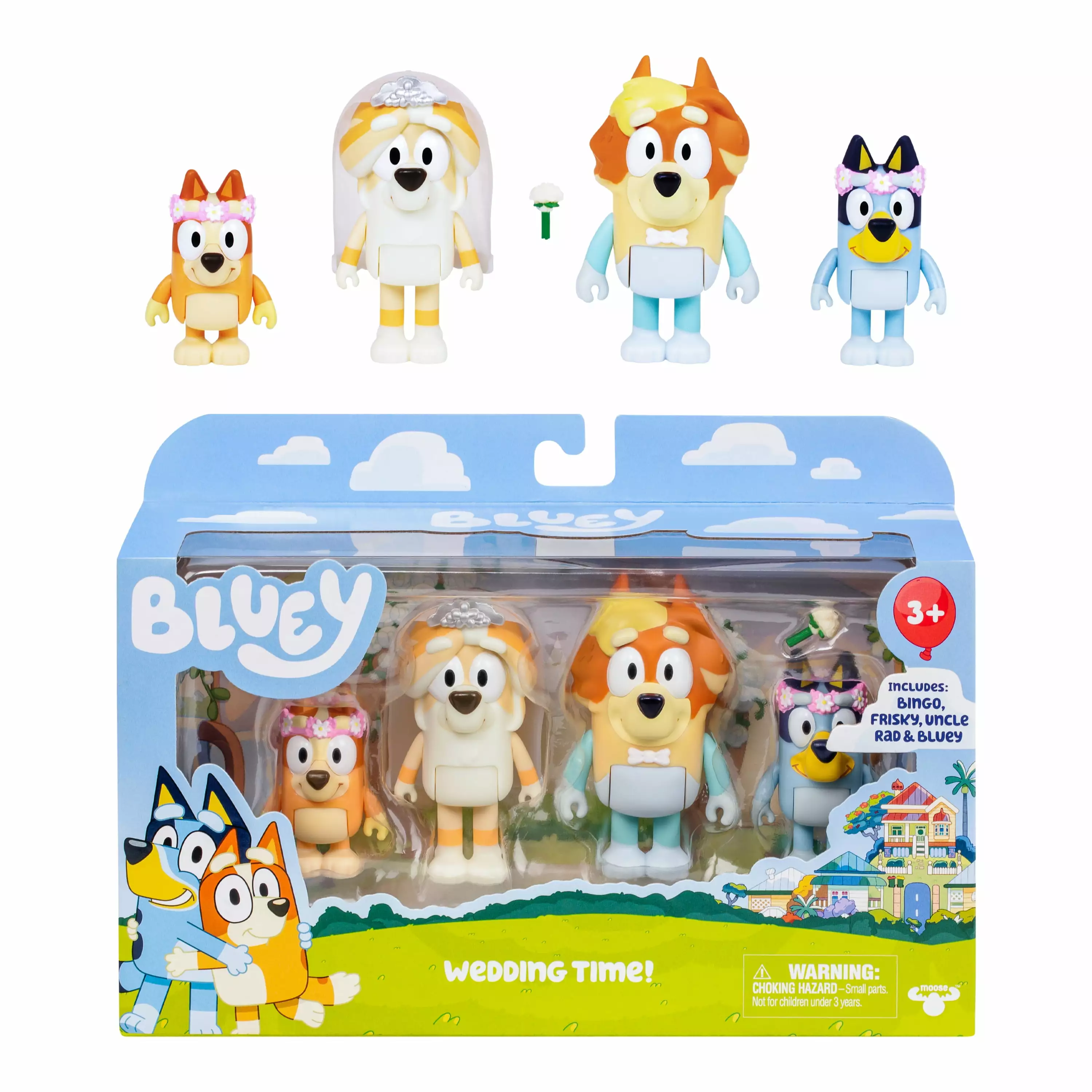 Bluey 4-Pack Wedding Time Figures. Includes Uncle Rad. Frisky. Bluey and Bingo. Ages 3+