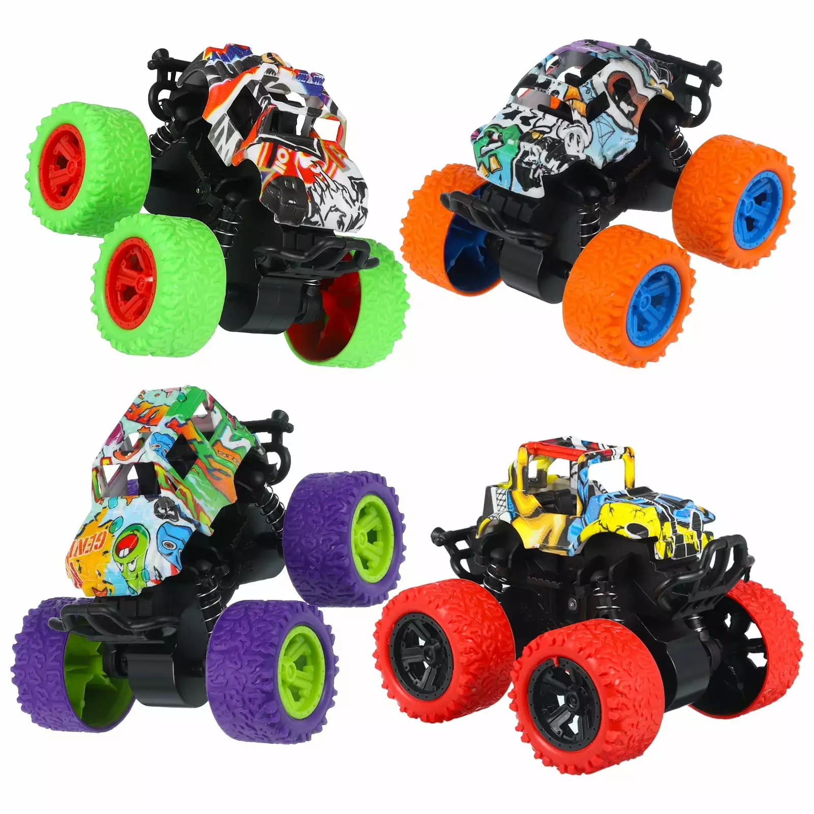 Bocaoying 4 Pack Friction Powered Monster Trucks Toys.Push and Go Friction Powered Cars Vehicles Toys.Inertia Car Toy Set Stunt Toy Vehicles.Pull Back Vehicle Set for Boys Girls Aged 3 and Above(Multicolor)