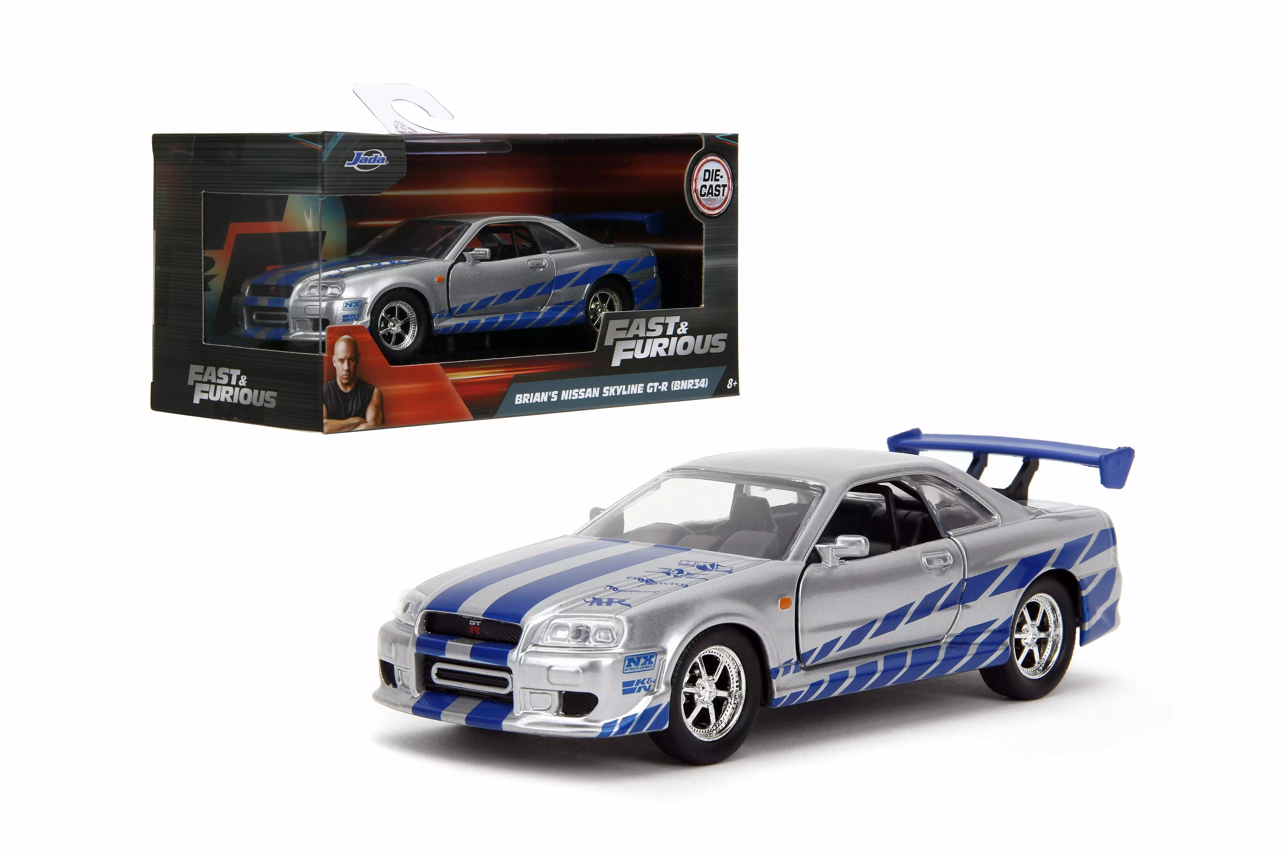 Brian's Nissan Skyline GT-R (R34) Silver with Blue Stripes Fast & Furious Movie 1/32 Diecast Model Car by Jada