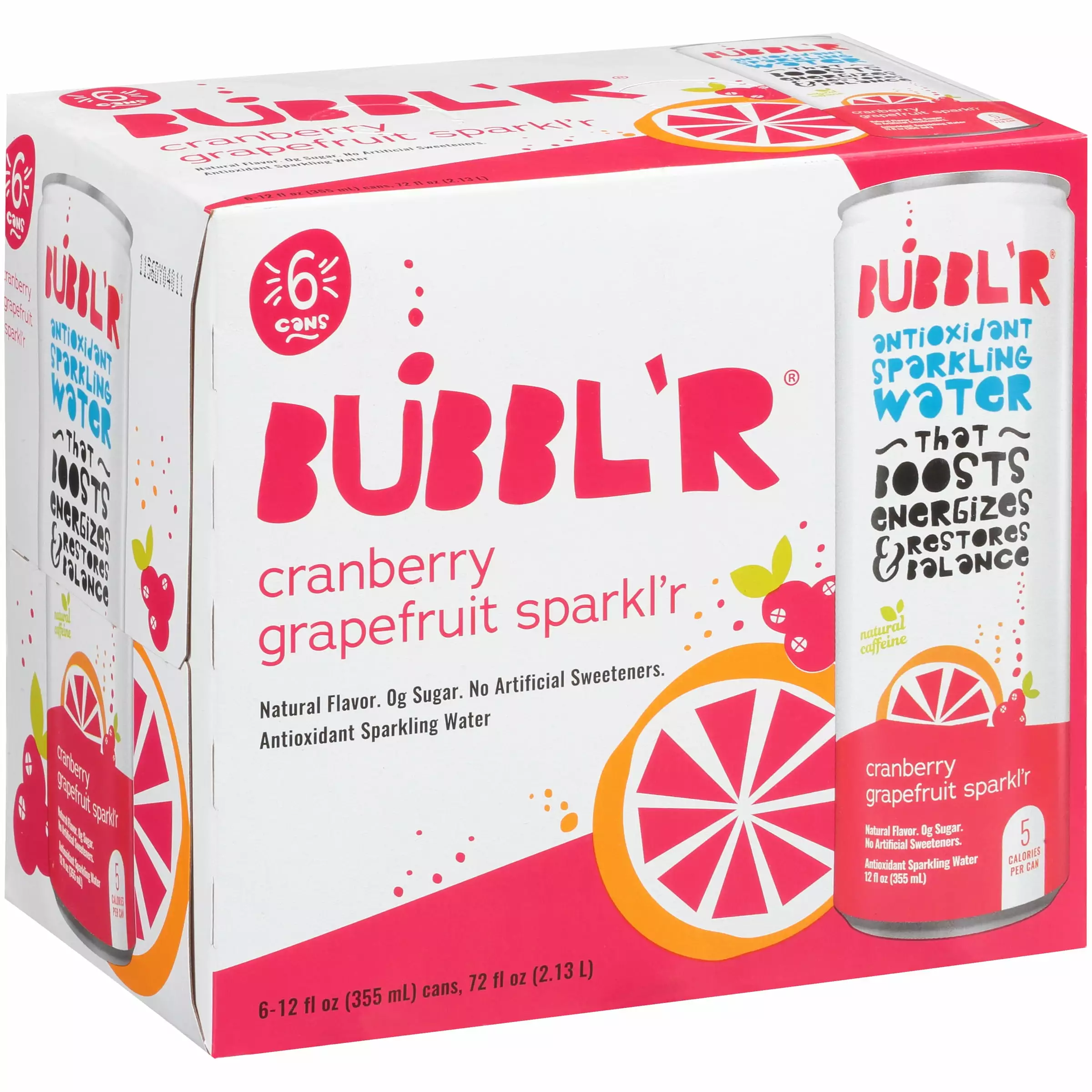 Bubbl'r Cranberry Grapefruit Antioxidant Sparkling Water with a Boost of Caffeine. 12 fl oz 6 Pack Cans