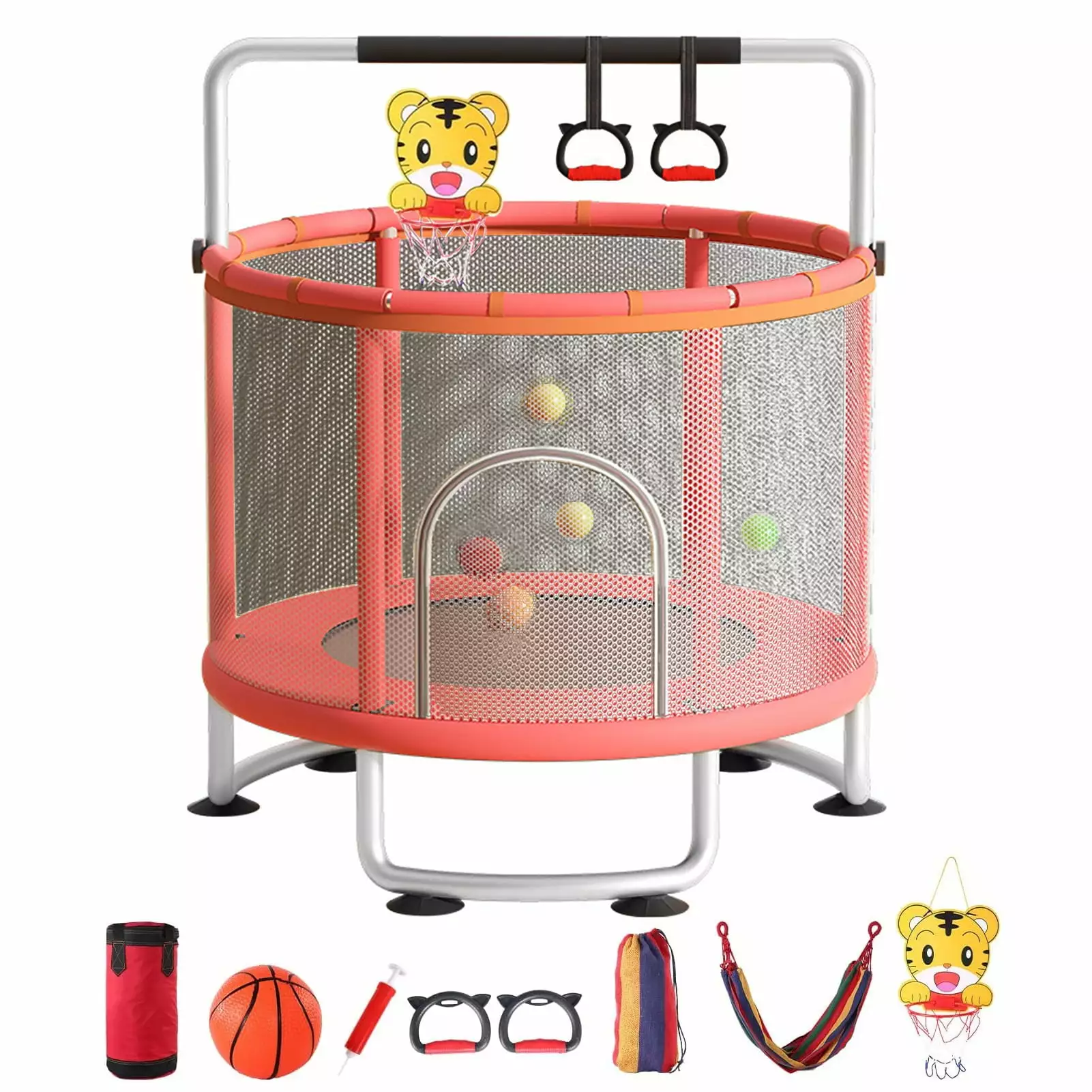 CBEHTWI Kids Trampoline. Adjustable Baby Toddler Trampoline with Basketball Hoop. Swing. Sandbag. Ocean Balls. 440lbs Indoor Outdoor Toddler Trampoline with Enclosure Net