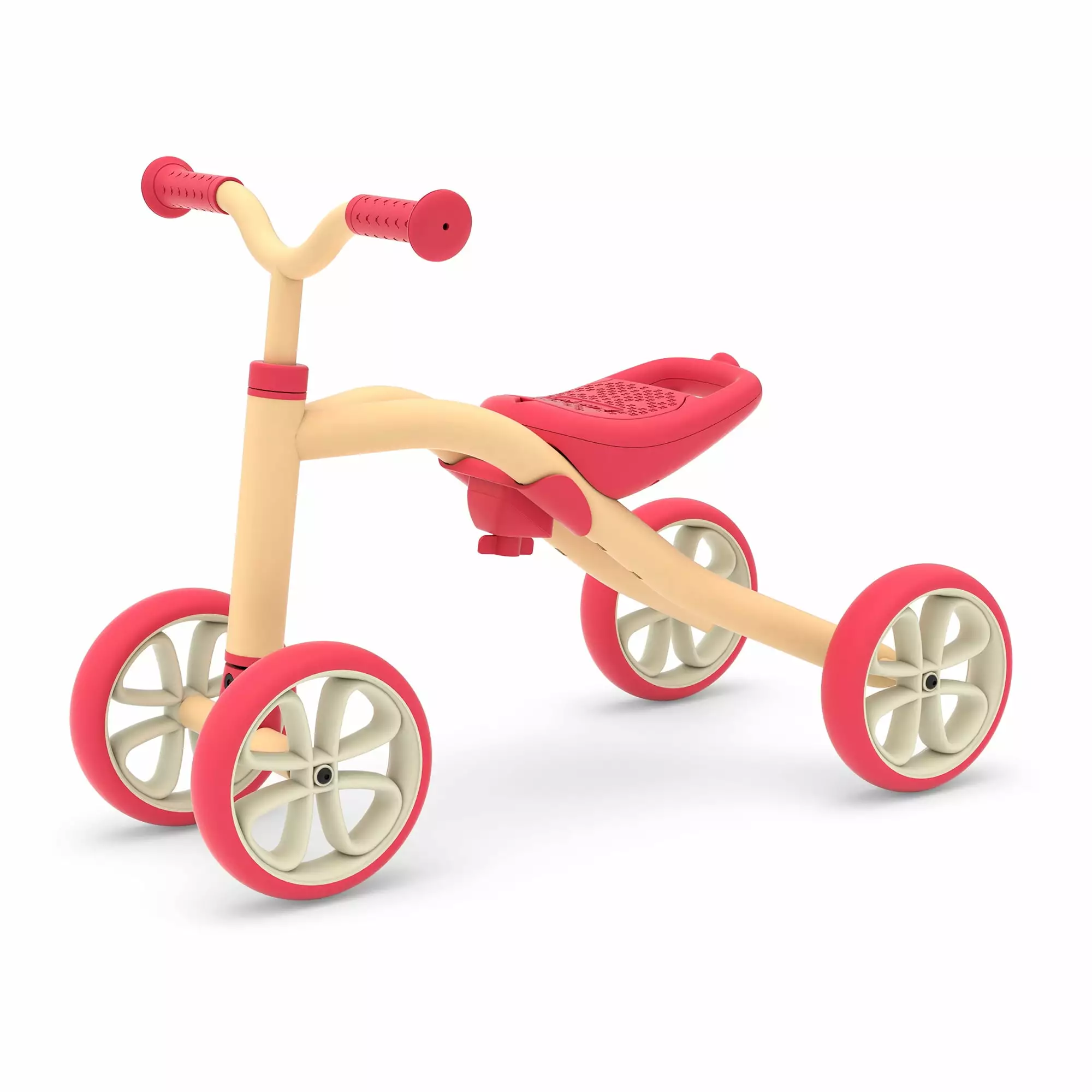 Chillafish Quadie 4-wheel grow-with-me ride-on with adjustable seat height. for boys and girls 1-3 year. silent non-marking wheels. peach