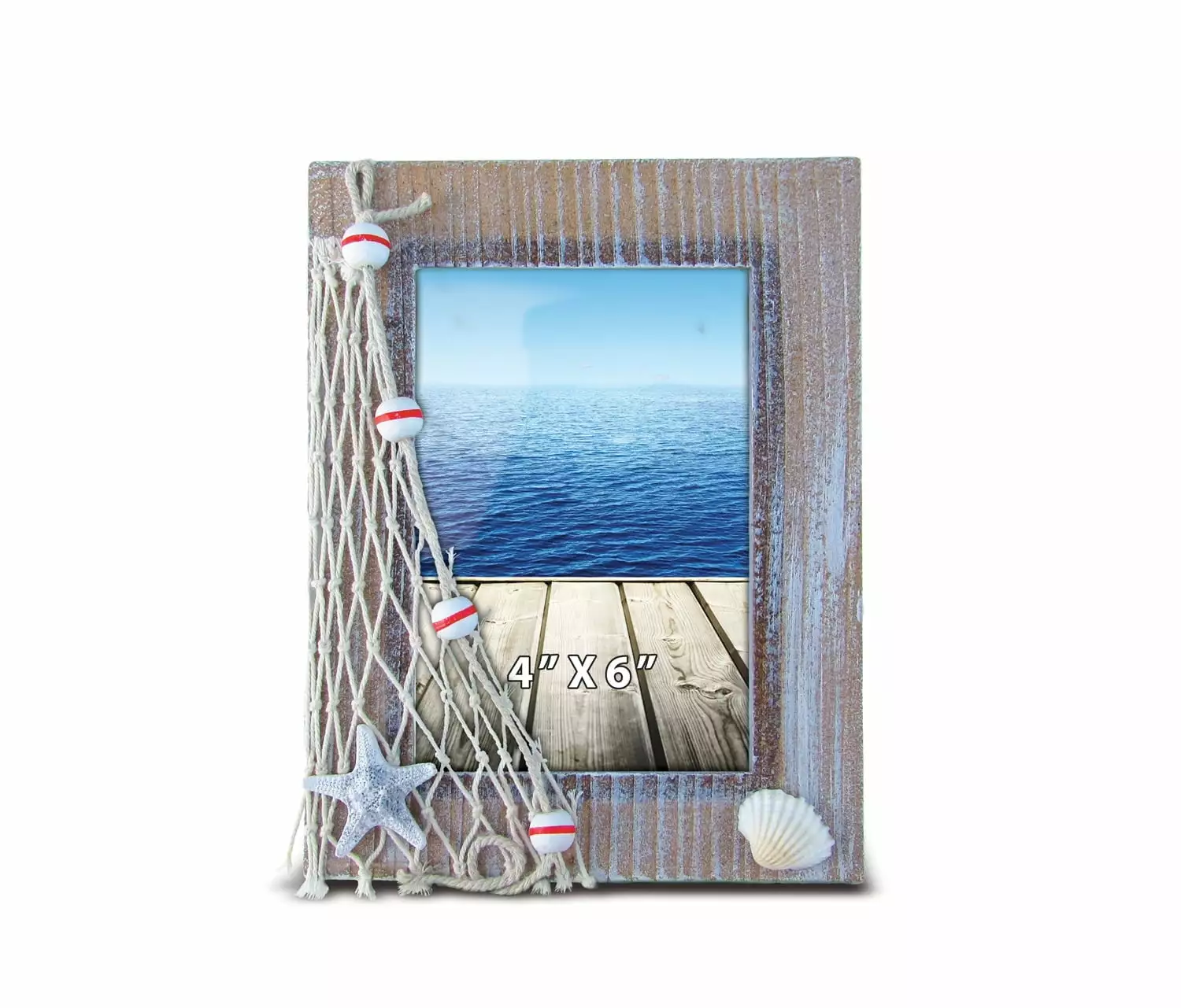 CoTa Global Brown Beach 4x6 Picture Frame - Whitewashed Distressed Wooden Frame with Beachy Decor. Handmade Beach Theme Photo Frame as Nautical Decor For Home. Family Photo Frames For Wall - 7.75 Inch