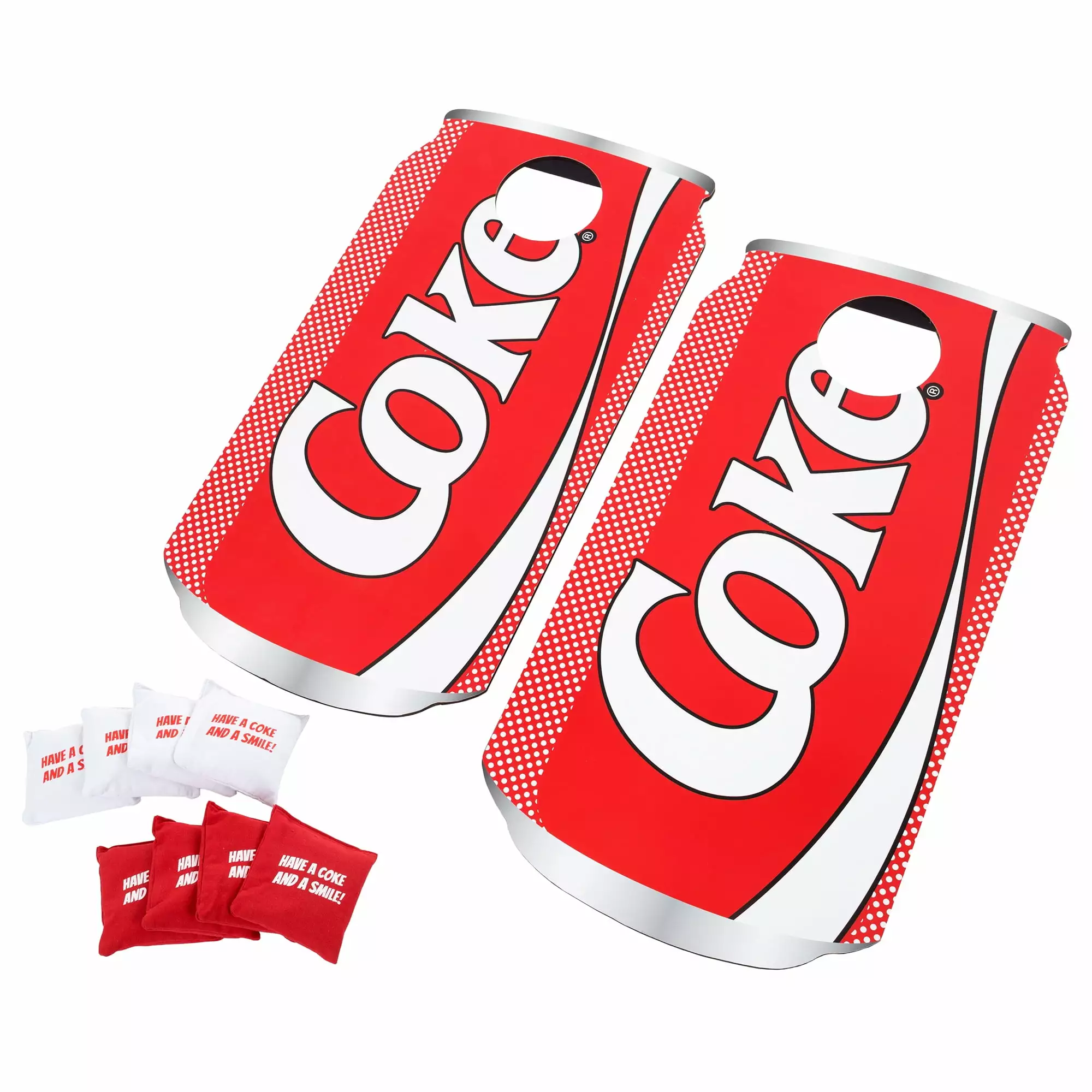 Coca Cola Cornhole Outdoor Game Set. 2 Wooden Coke Can-Shaped Corn Hole Toss Boards with 8 Bean Bags by Hey! Play!