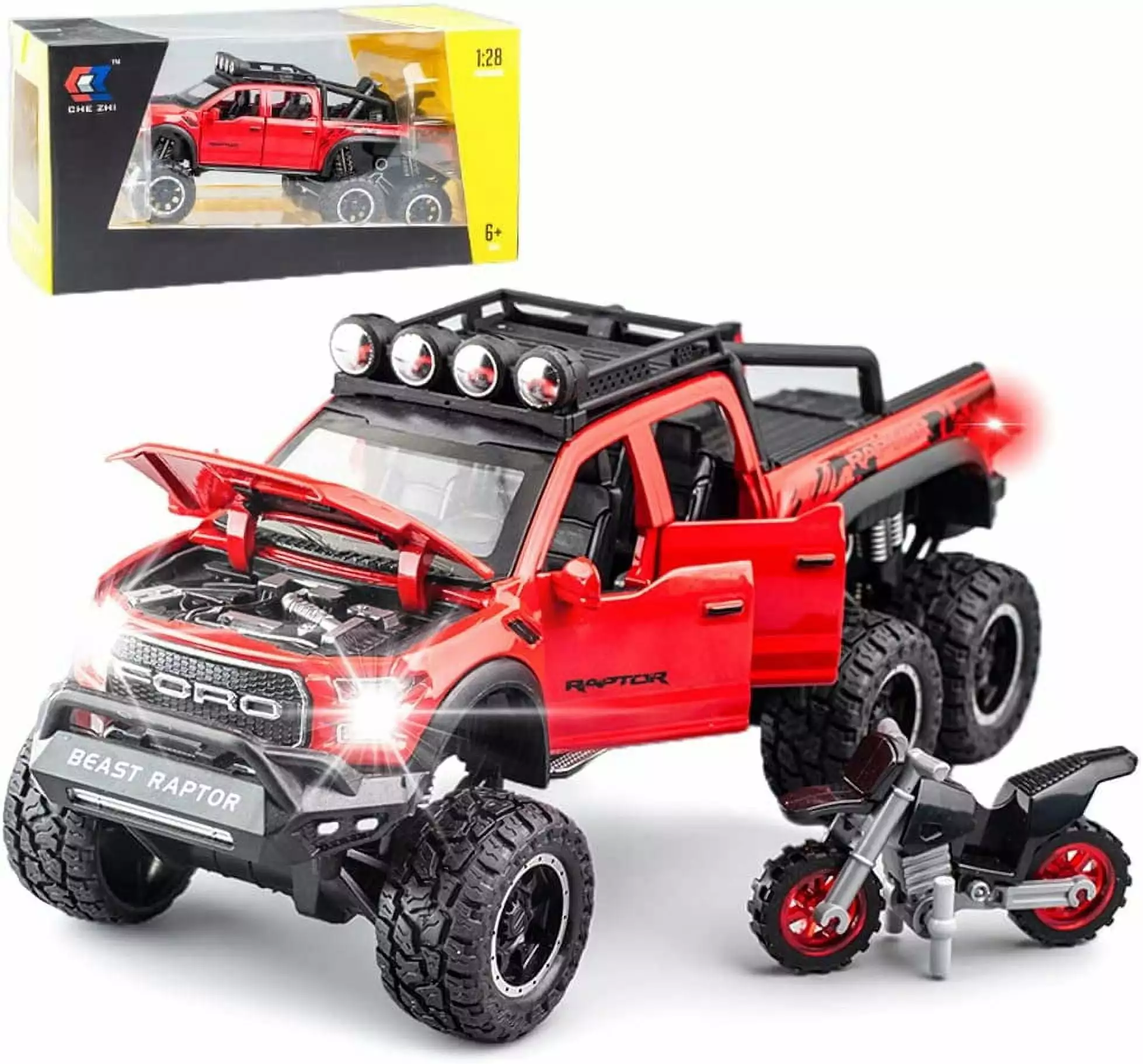 Cocobaby Toy Pickup Trucks. 1/24 Scale Red Truck Toy. F150 Diecast Metal Pickup with Sound and Light. 6x6 Off-Road Pull Back Trucks for Kids