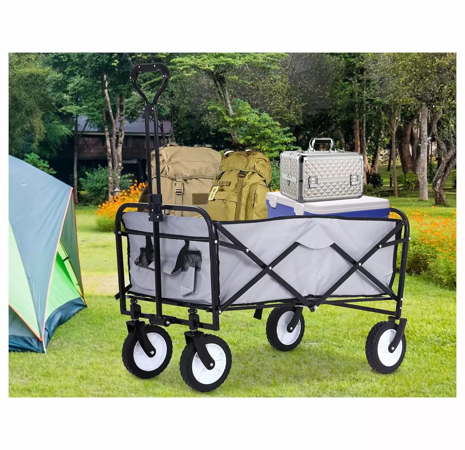 Collapsible Folding Wagon Garden Cart with All Activities Wheel. 150 Pound Capacity Utility Cart Wagon Cart Heavy Duty Foldable Wagon Beach Wagon Grocery Cart for Beach Park Camping Shopping