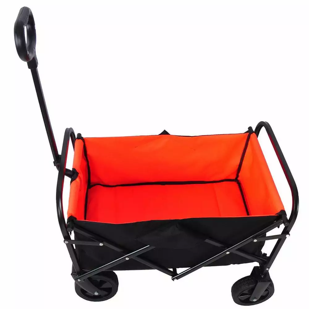 Collapsible Outdoor Utility Wagon. Portable Folding Garden Utility Wagon Beach Wagon Cart with Wheels. Camping Shopping Cart. Double Fabric. Orange