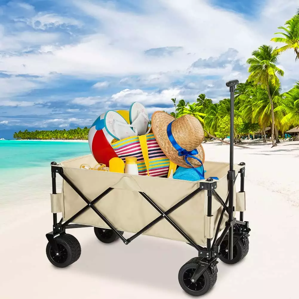 Collapsible Wagon Cart. 330lbs Large Capacity Beach Wagon. Heavy Duty Folding Wagon with All-Terrain Wheels. Oxford Cloth Portable Outdoor Utility Wagon for Sports Shopping Camping Garden