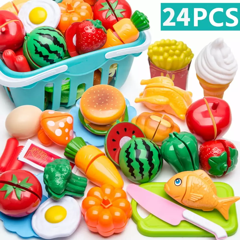 Cutting Pretend Play Food Toys for Kids Kitchen Set Playset Accessories BPA Free Peel & Cut Toy Food Fruits and Vegetables Toys. Christmas Birthday Gift for Toddlers Girls Boys Kids Storage Basket