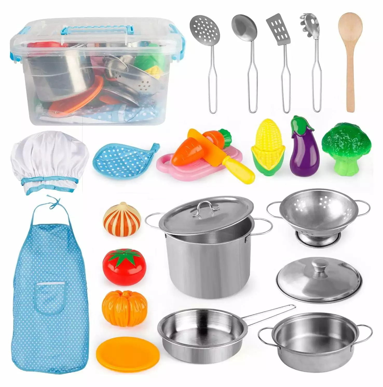 D-FantiX Play Kitchen Accessories. Kids Play Pots and Pans Playset with Mini Stainless Steel Pretend Play Cooking Toys. Cookware Utensils. Apron and Chef Hat. Cutting Food for Toddler Boys Girls