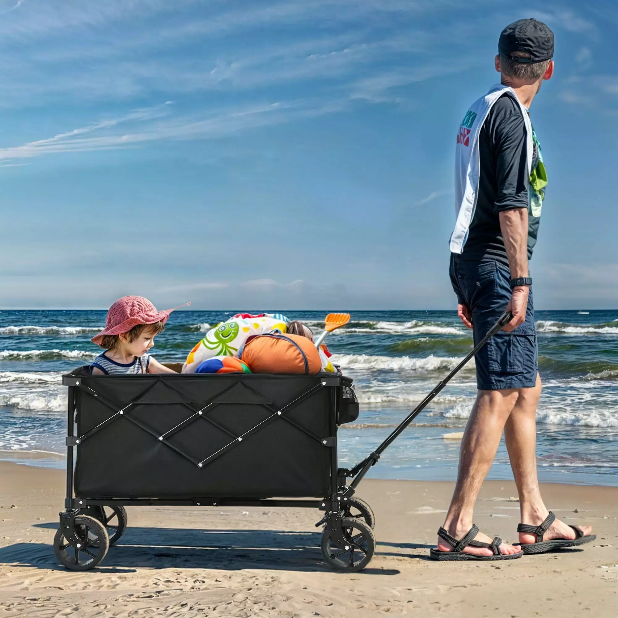 DWVO Collapsible Foldable Wagon Cart. Foldable Wagon Cart. Collapsible Wagon Oversized Wheels. Portable Folding Wagon Adjustable Handles. Beach. Garden. Sports