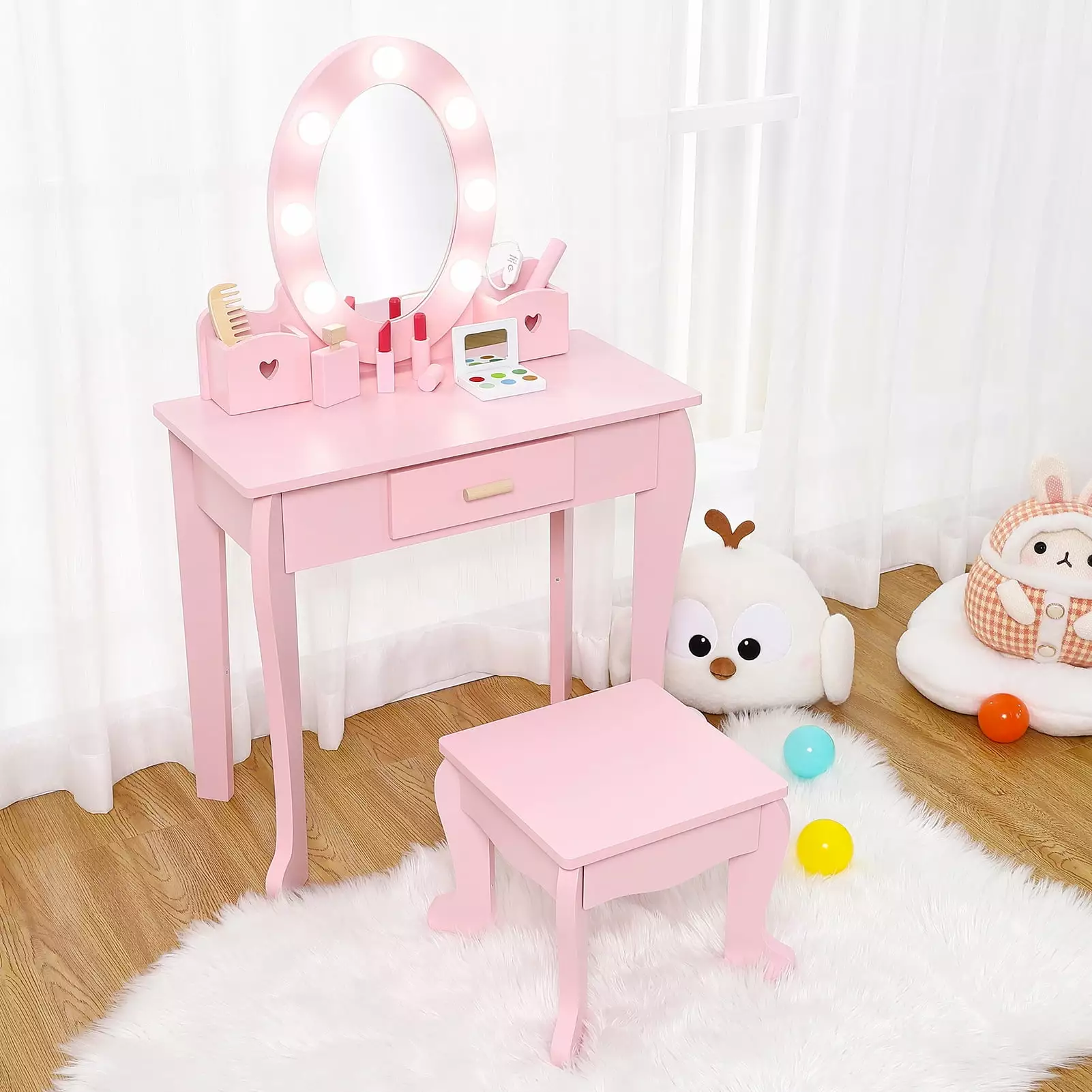 Danolapsi Girls' Vanity Table and Chair Set.Kids Vanity Set with Mirror and Drawer.Wooden Play Vanity Set with Lights and Wood Makeup Playset.Perfect for 3-9 Yr