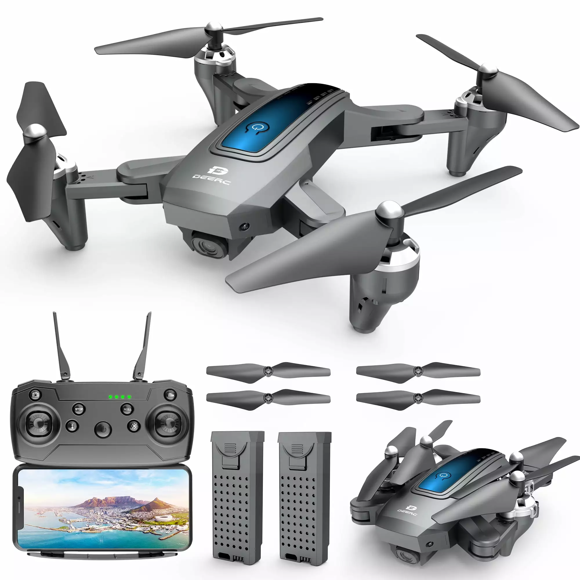 Deerc D10 Drone with Camera for Adults. 1080P FHD FPV Live Video. Gravity Control. Altitude Hold. Headless Mode. Waypoints Functions. with Carrying Case and 2 Batteries