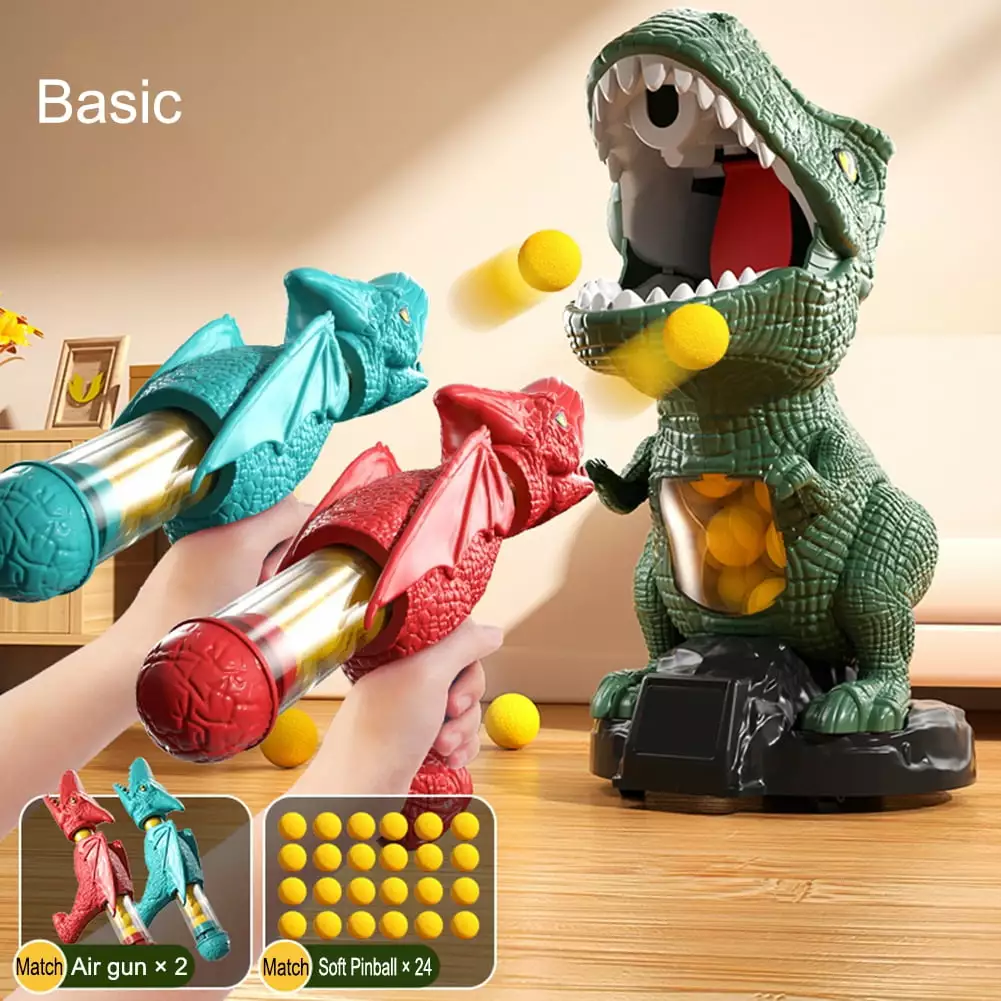 Dinosaur Shooting Toy for Boys Girls with Air Pump Launcher. Movable Dinosaur Shooting Game Toys with Water Mist Spray. LCD Score Record and Foam Balls