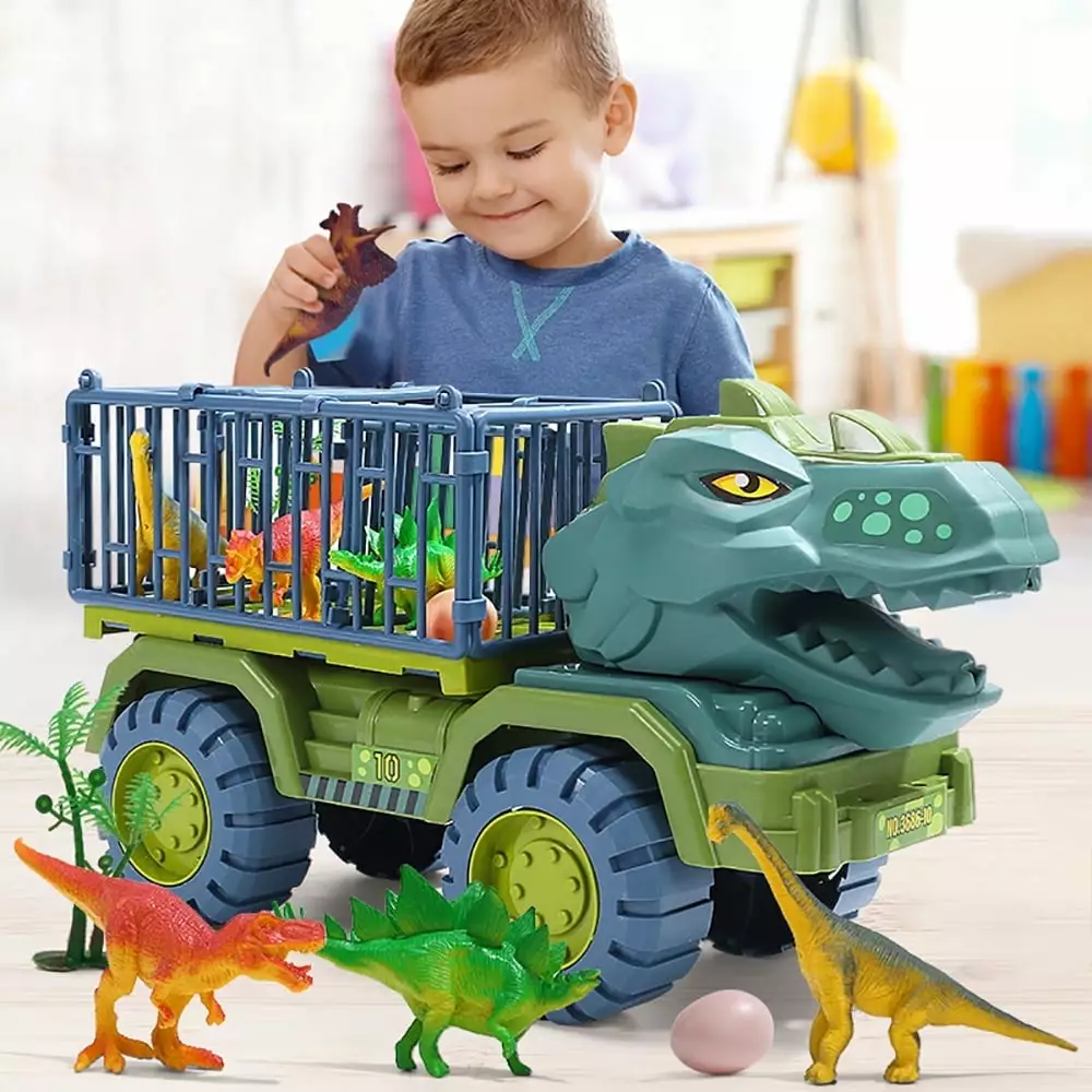 EXERCISE N PLAY Dinosaur Transport Truck Playset Toys with 3 Dino Figures. Large Tyrannosaurus Vehicle Carrier Car Toys for Boys Ages 3+