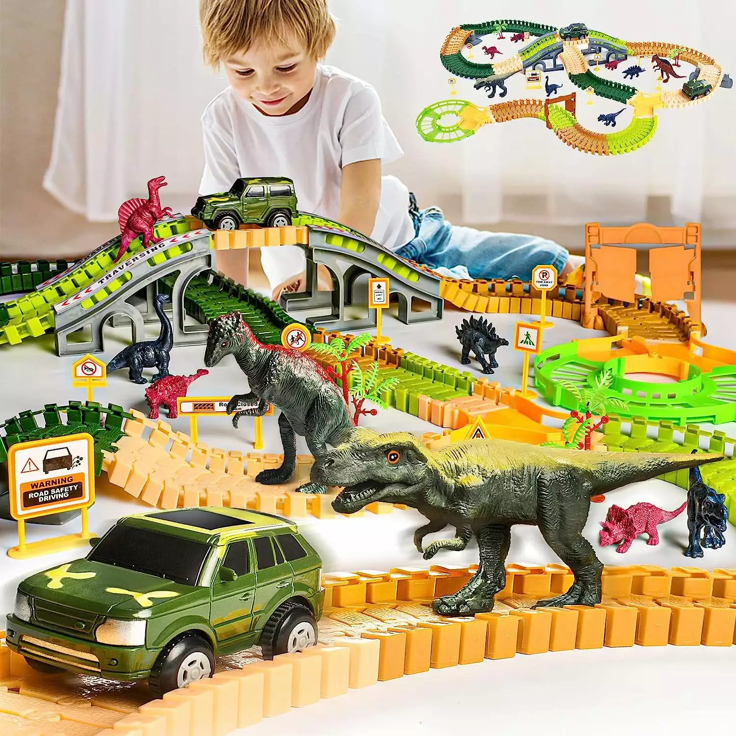 Dinosaur Toys for Kids. 239 Pcs Track Playset with 8 Dinosaurs. 2 Race Car Toys. Dinosaur Toys for Kids 3-5