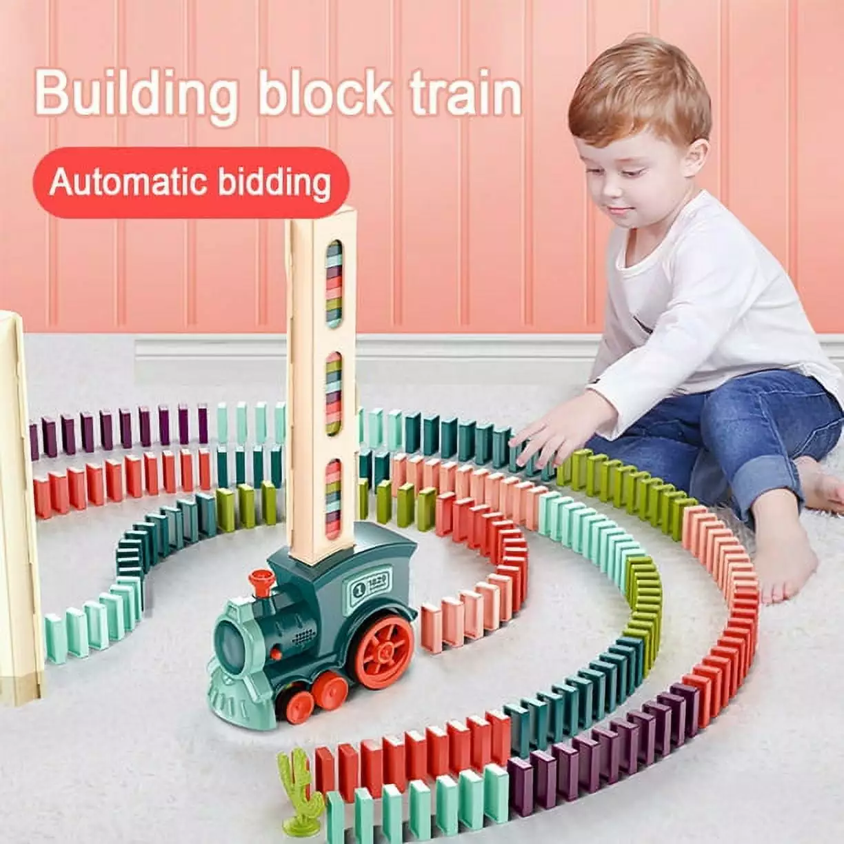 Domino Train Toy Set for 3+ Years Old Kids Parent-children Interactive Tracking Set w/60pcs Domino Pieces Automatic Domino Brick Laying Train Toy Battery Operated Blocks Set for Christmas Gift