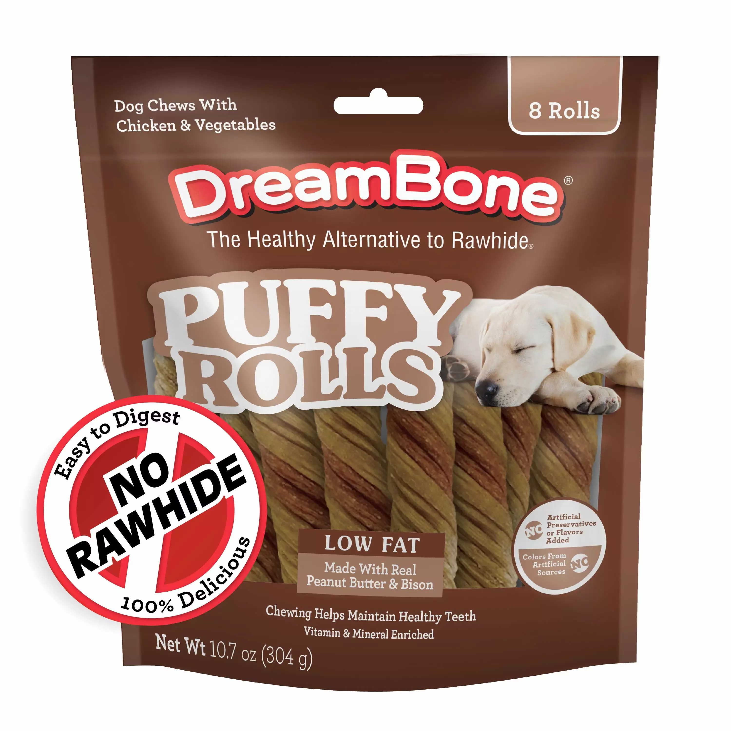 DreamBone Puffy Rolls Chews for Dogs. Treat Your Dog to Easy-to-Digest Rawhide-Free Chews Made with Real Peanut Butter and Bison. 8 Count