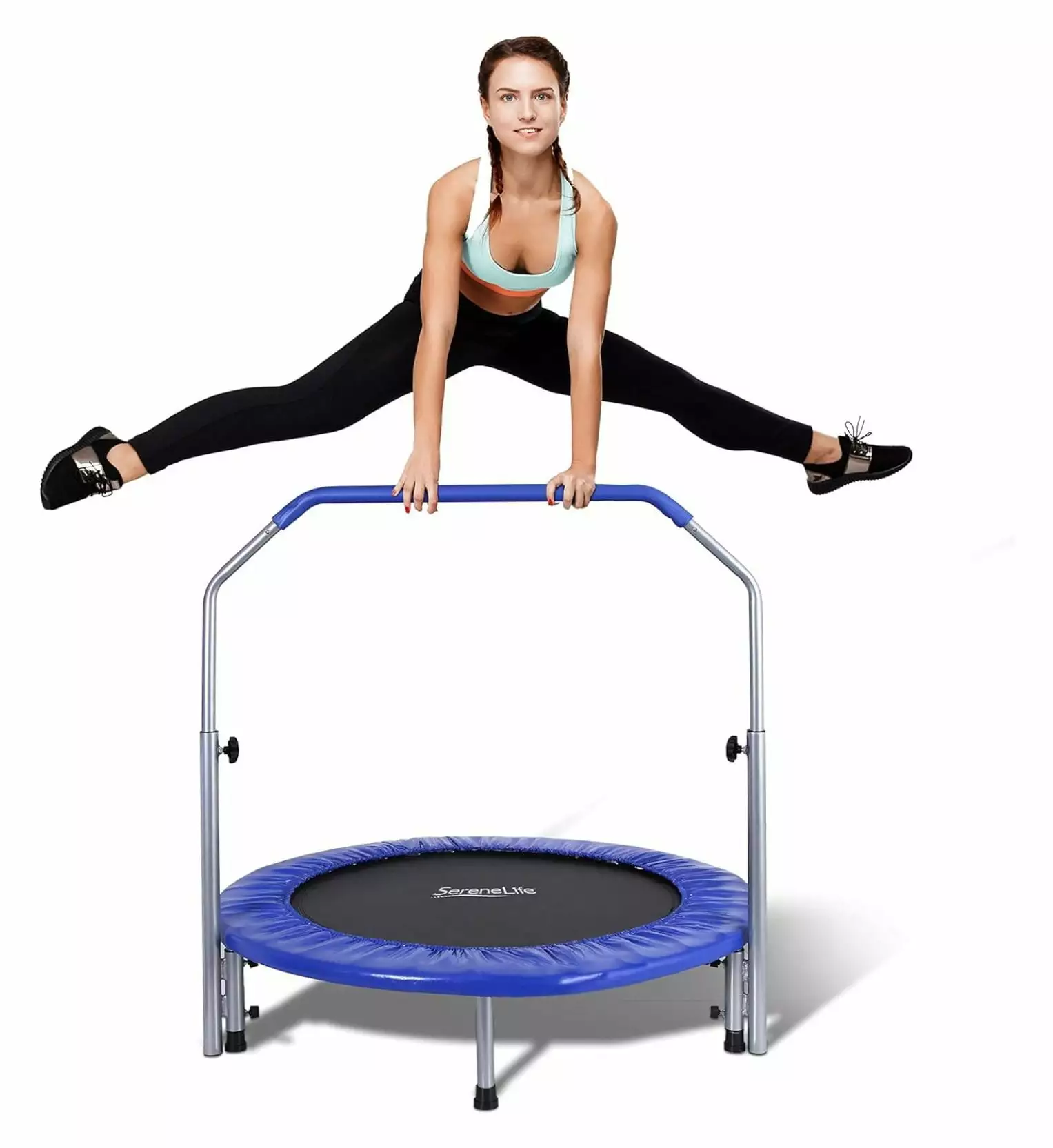 Drevy Portable & Foldable Trampoline - 40 in-Home Mini Rebounder with Adjustable Handrail. Fitness Body Exercise - SLSPT409 . Blue