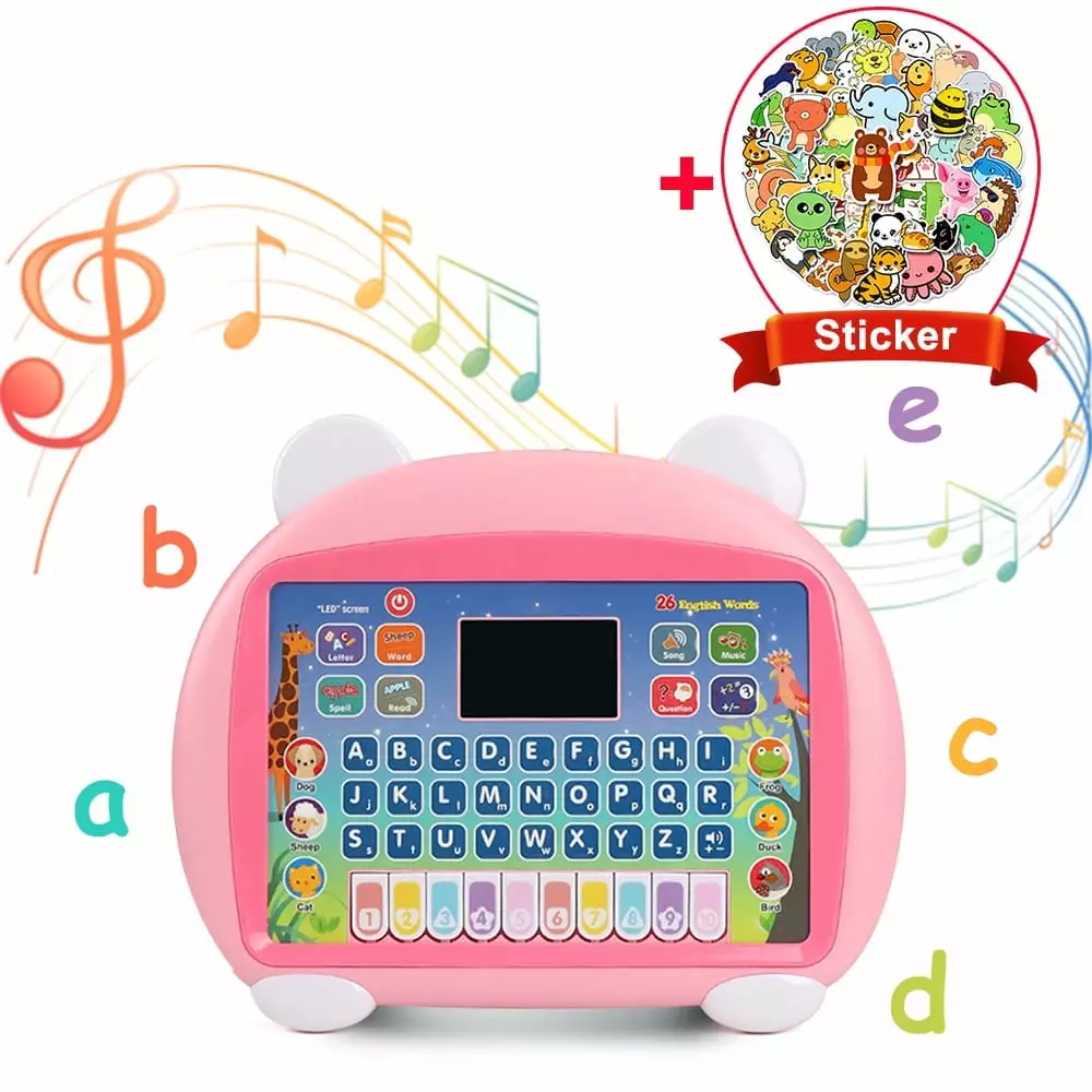 EIMELI Tablet Toy for 2-3 Years Old Girls Boys. Educational Learning Toys with Light and Music. Interactive Toy for Numbers. Alphabet. Animals and Maths - Pink. with 50 cartoon animal stickers