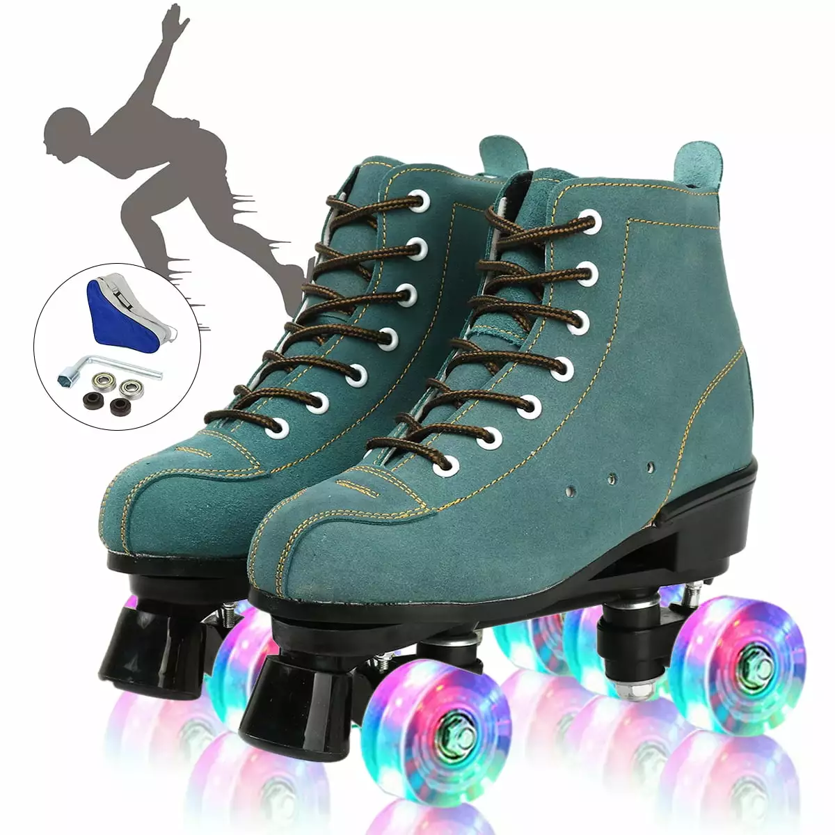 EONROACOO Roller Skates. High Top Leather Roller Skates for Adult. Light up Wheels Double Row Quad Skates(Blue. Women 5.5/Men 4.5)