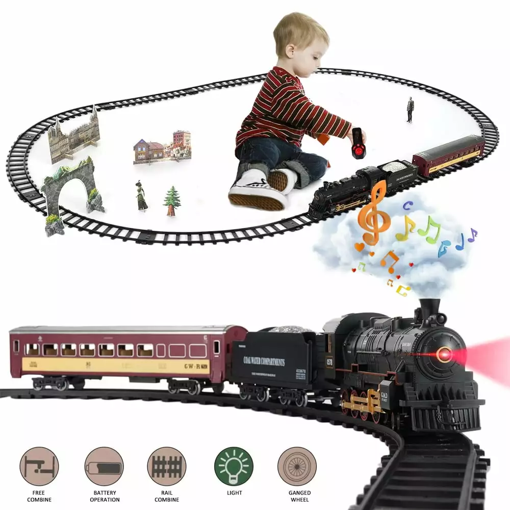 Eccomum Electric Train Set Toy. Remote Control Train with with Steam Locomotive Engine. Cargo Car and Long Track. Rechargeable Train Track With Realistic Smoke. Light and Sounds. Train Toys for Kids