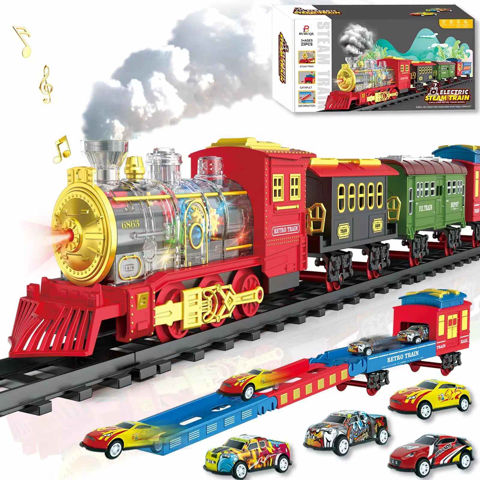 Electric Train Set Train Toys with Lights & Sound. Toy Train Steam Locomotive with Cargo Cars & Tracks. Rechargeable Battery Toddler Model Train Set for 3 4 5 6 7 8+ Year Old Boys Kids Birthday Gifts