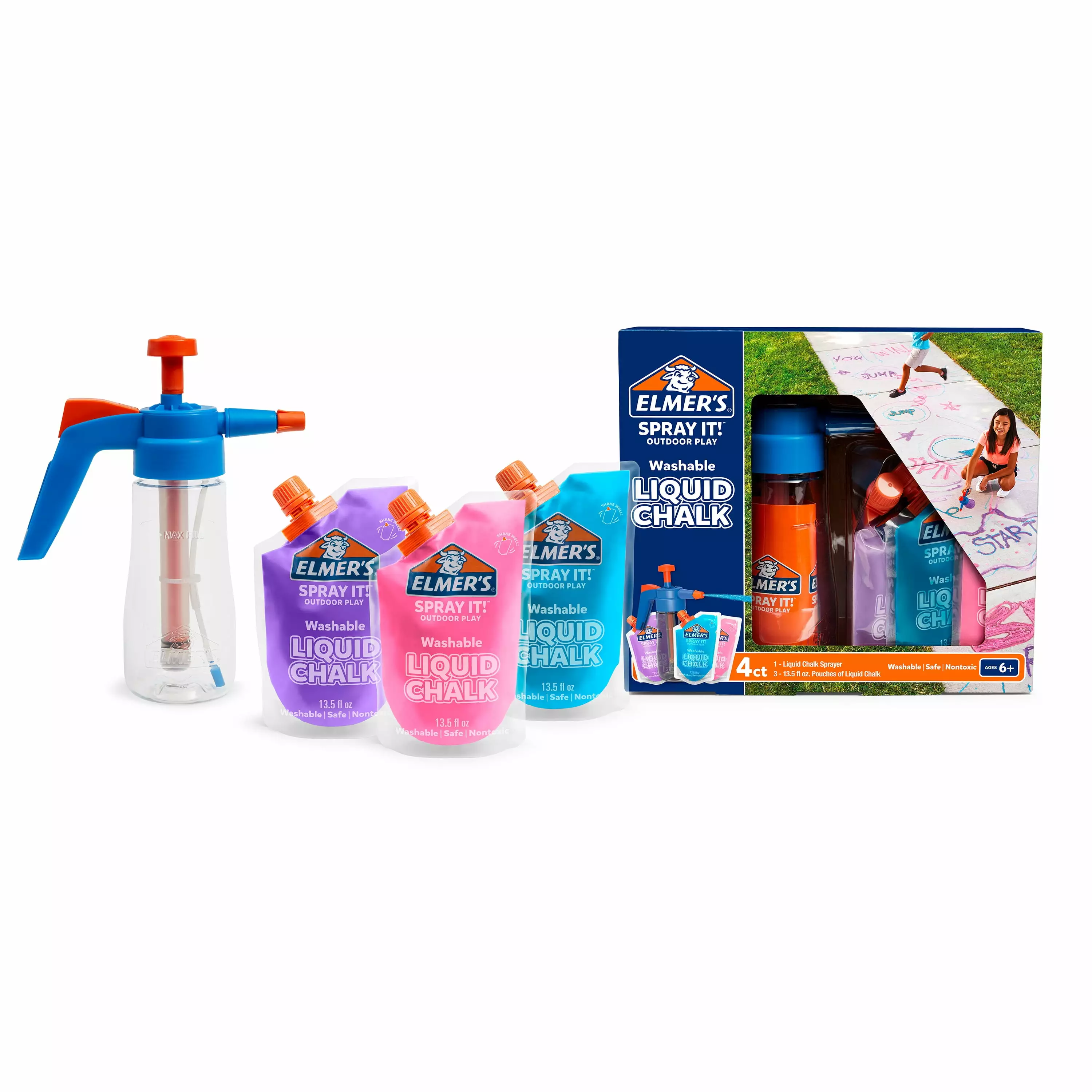 Elmer's Spray It! Outdoor Play Washable Liquid Chalk Kit. Sprayer and Refills. 4 Count