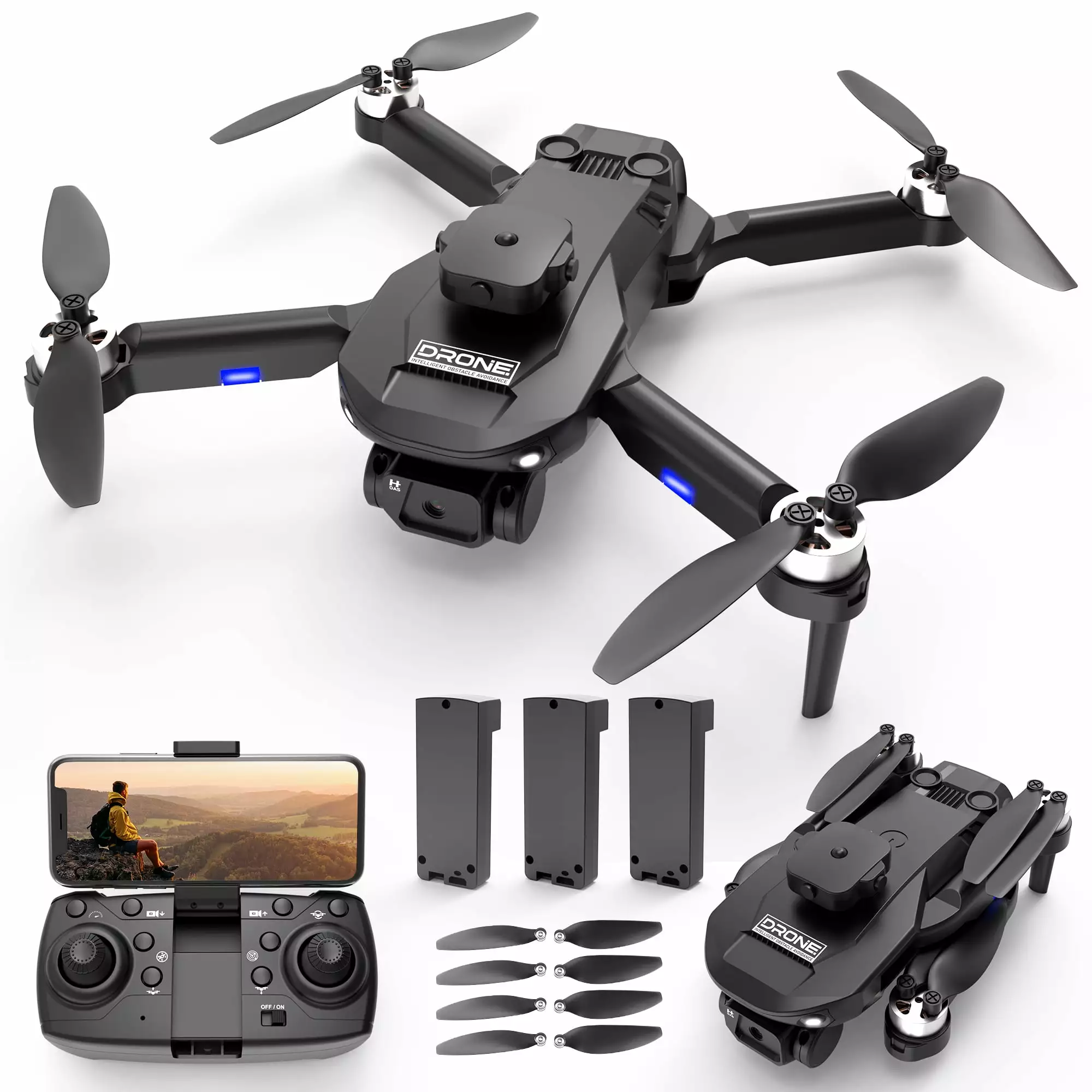 F196 Drone with 6K HD Camera for Adults and Kids. FPV Drone with Brushless Motors. Optical Flow Sensor and Obstacle Avoidance. 3 Batteries. Black