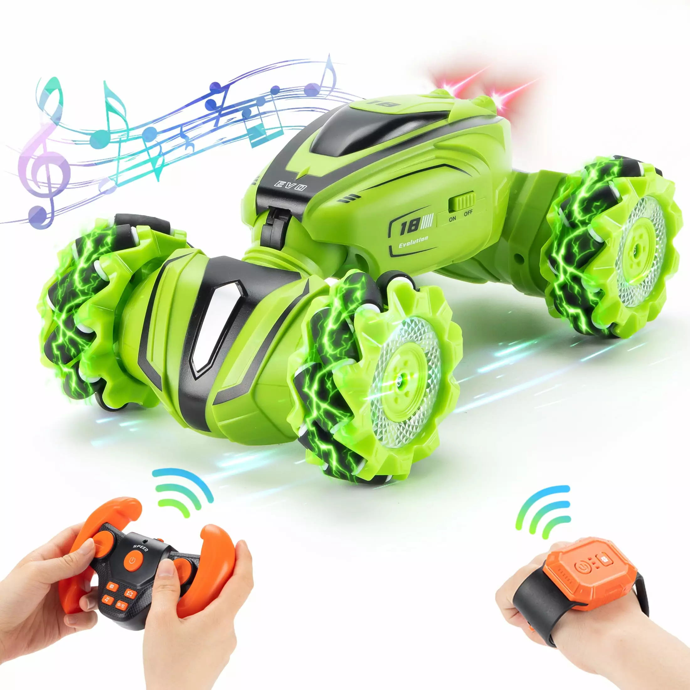 FAGINEY Gesture RC Cars 1: 18 Drift Hand Control RC Stunt Car. 60 Min Running Time. 2 Batteries. 4WD Remote Control Twist Cars with Music Lights for 6-12 Years Old. Green